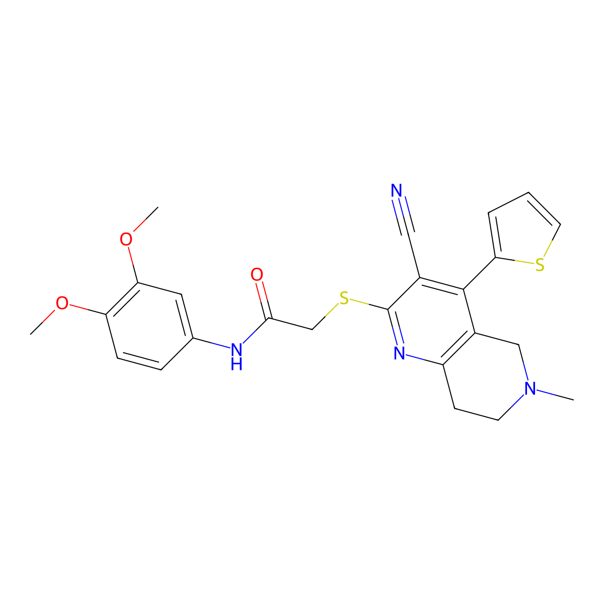 2-[(3-cyano-6-methyl-4-thiophen-2-yl-7,8-dihydro-5H-1,6-naphthyridin-2-yl)sulfanyl]-N-(3,4-dimethoxyphenyl)acetamide molecular structure, CAS 496018-61-2