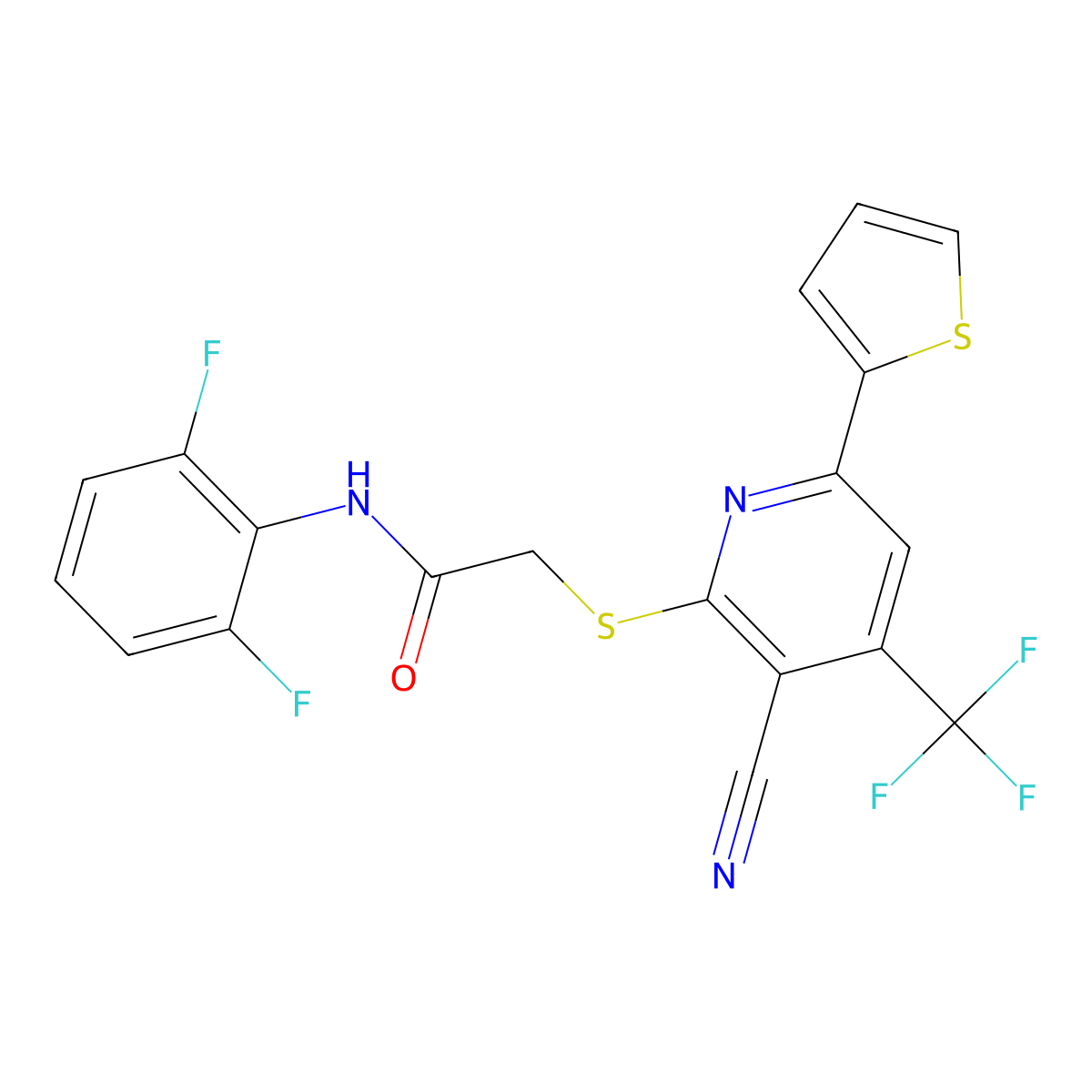 2-{[3-cyano-6-(thiophen-2-yl)-4-(trifluoromethyl)pyridin-2-yl]sulfanyl}-N-(2,6-difluorophenyl)acetamide molecular structure, CAS 496018-65-6