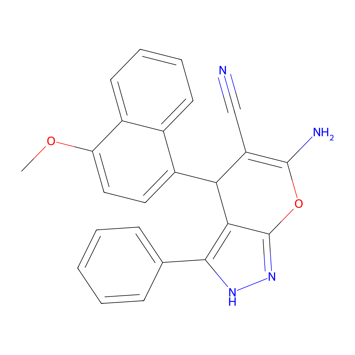 6-Amino-4-(4-methoxynaphthalen-1-yl)-3-phenyl-2,4-dihydropyrano[2,3-c]pyrazole-5-carbonitrile molecular structure, CAS 496018-77-0
