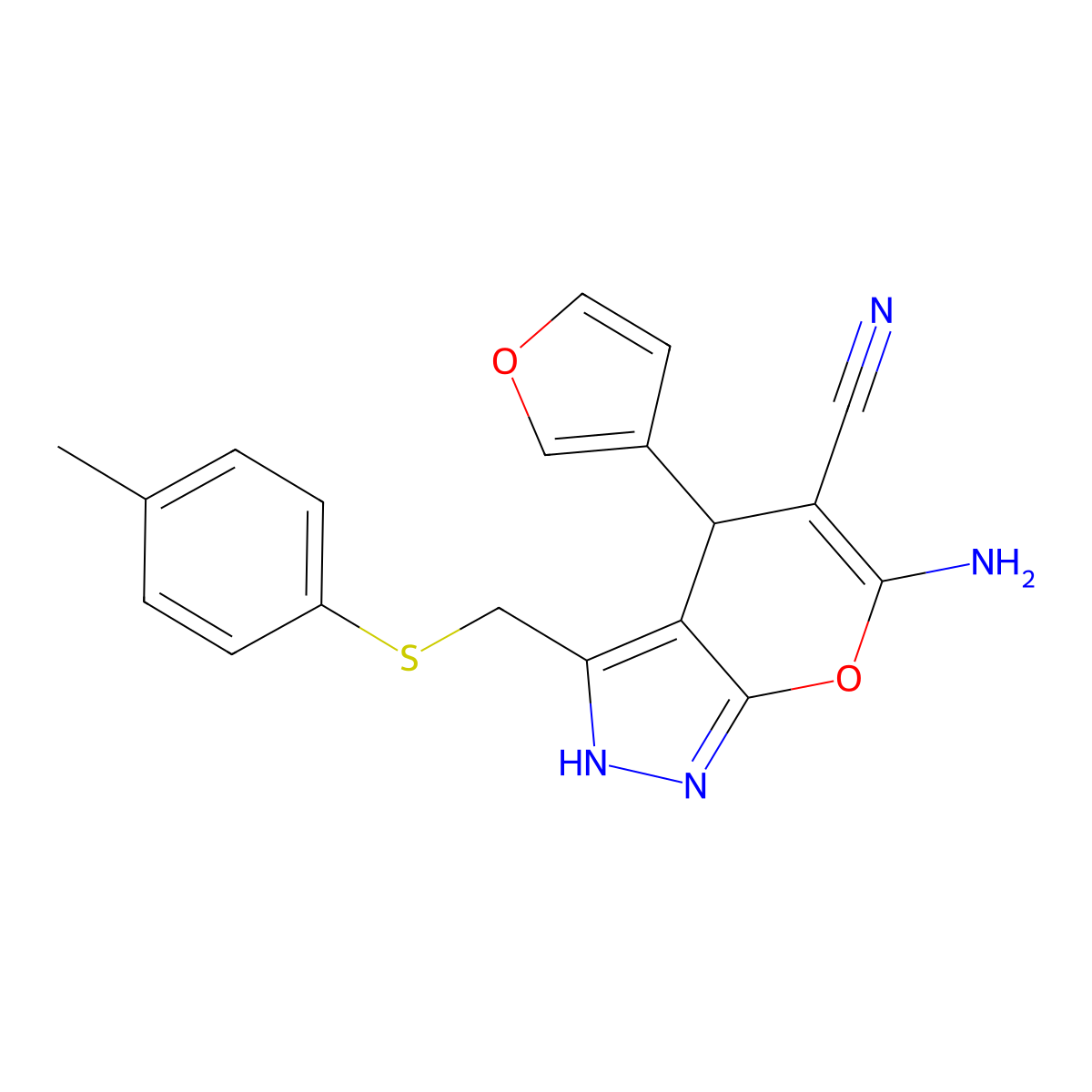 6-Amino-4-(3-furyl)-3-{[(4-methylphenyl)sulfanyl]methyl}-2,4-dihydropyrano[2,3-c]pyrazole-5-carbonitrile molecular structure, CAS 496018-92-9