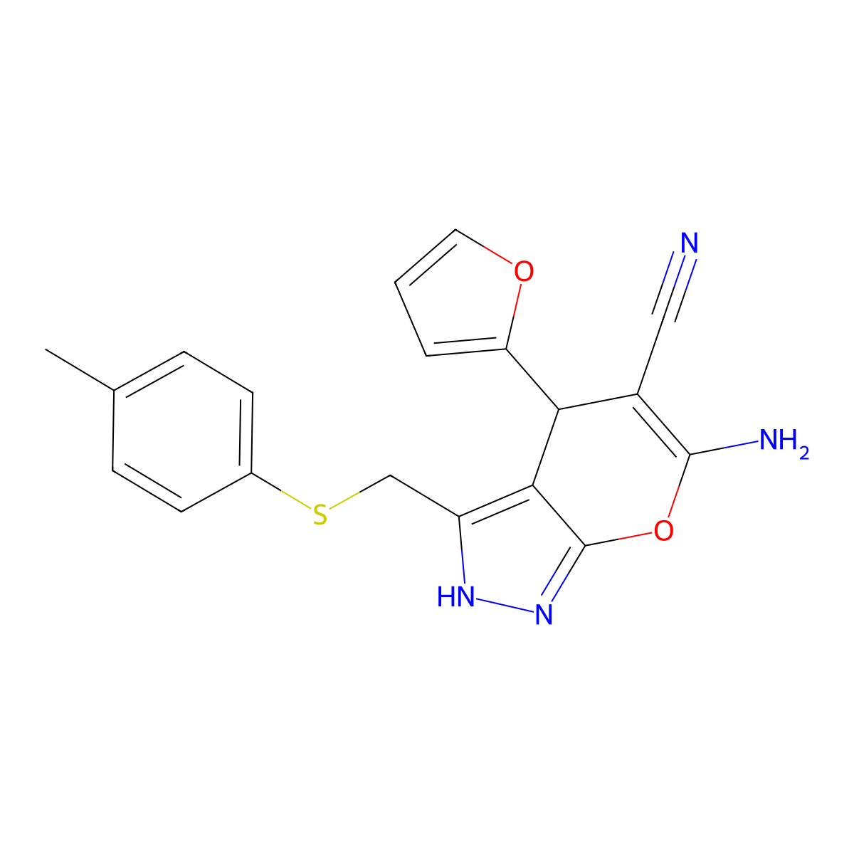 6-Amino-4-(furan-2-yl)-3-{[(4-methylphenyl)sulfanyl]methyl}-1,4-dihydropyrano[2,3-c]pyrazole-5-carbonitrile molecular structure, CAS 496018-94-1