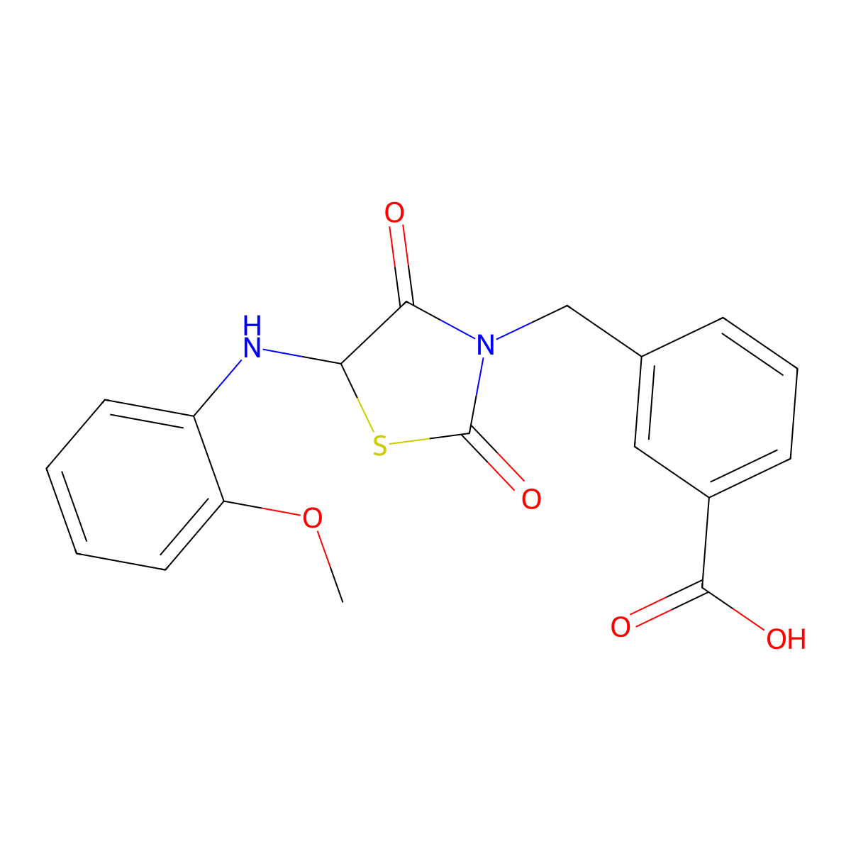 3-[5-(2-Methoxy-phenylamino)-2,4-dioxo-thiazolidin-3-ylmethyl]-benzoic acid molecular structure, CAS 496019-80-8