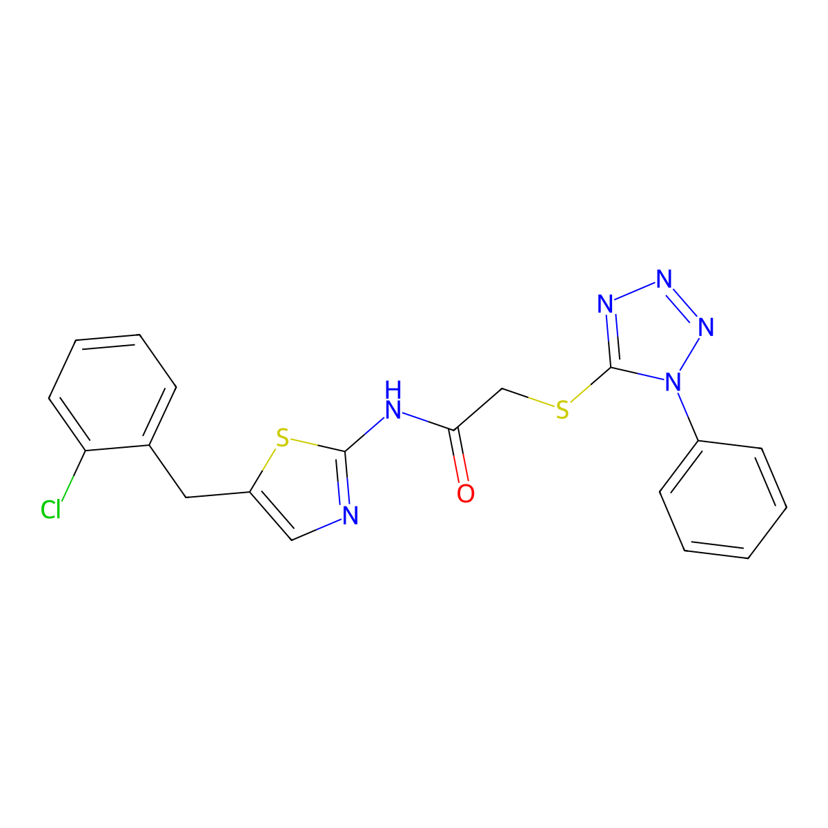 N-[5-(2-Chloro-benzyl)-thiazol-2-yl]-2-(1-phenyl-1H-tetrazol-5-ylsulfanyl)-acetamide molecular structure, CAS 496021-80-8