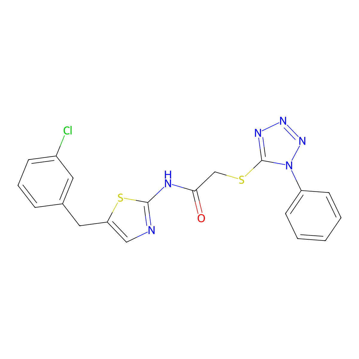 N-[5-(3-chlorobenzyl)-1,3-thiazol-2-yl]-2-[(1-phenyl-1H-tetrazol-5-yl)sulfanyl]acetamide molecular structure, CAS 496021-81-9