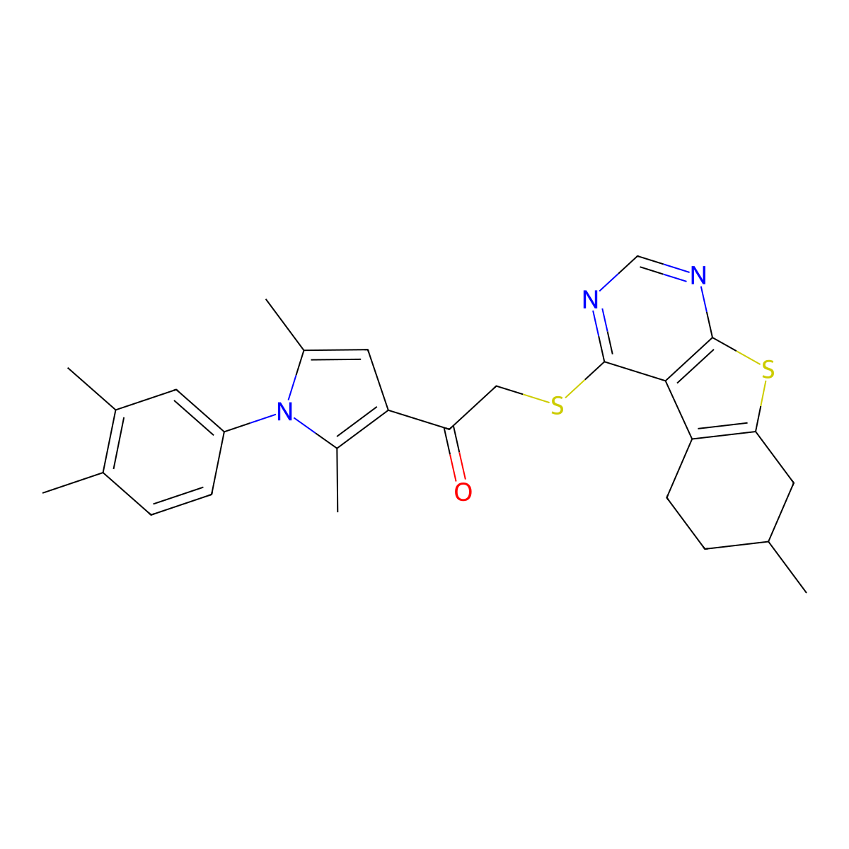 1-[1-(3,4-dimethylphenyl)-2,5-dimethyl-1H-pyrrol-3-yl]-2-[(7-methyl-5,6,7,8-tetrahydro[1]benzothieno[2,3-d]pyrimidin-4-yl)sulfanyl]ethanone molecular structure, CAS 496022-04-9