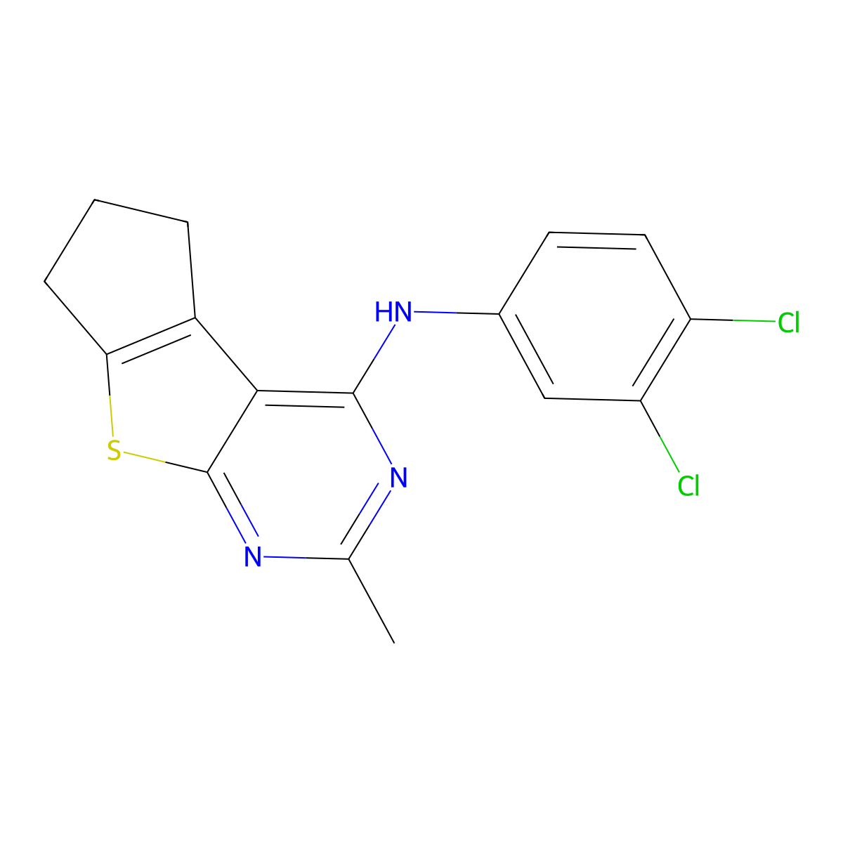 (3,4-Dichlorophenyl)(2-methyl(5,6,7-trihydrocyclopenta[2,1-d]pyrimidino[4,5-b] thiophen-4-yl))amine molecular structure, CAS 496022-08-3