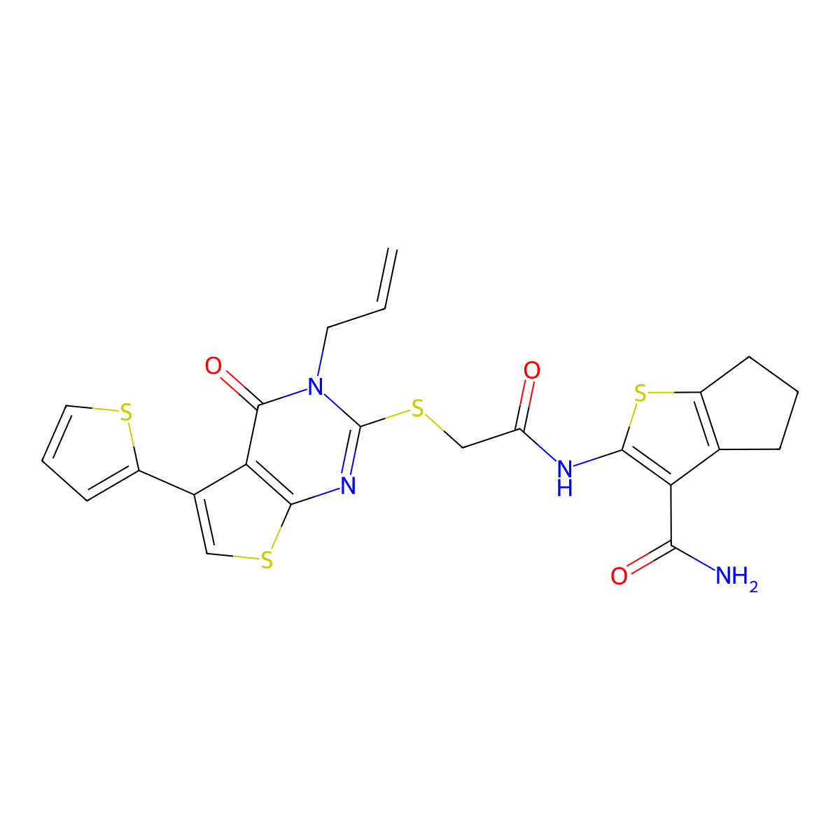 2-[[2-(4-oxo-3-prop-2-enyl-5-thiophen-2-ylthieno[2,3-d]pyrimidin-2-yl)sulfanylacetyl]amino]-5,6-dihydro-4H-cyclopenta[b]thiophene-3-carboxamide molecular structure, CAS 496022-16-3