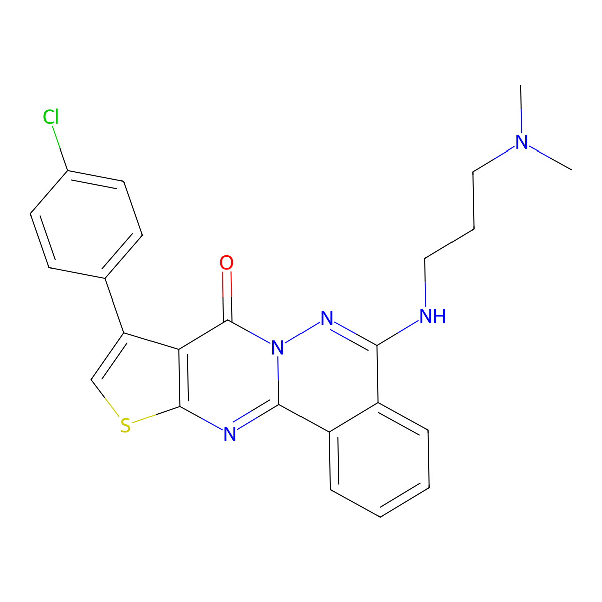 9-(4-chlorophenyl)-5-{[3-(dimethylamino)propyl]amino}-8H-thieno[2',3':4,5]pyrimido[2,1-a]phthalazin-8-one molecular structure, CAS 496022-24-3