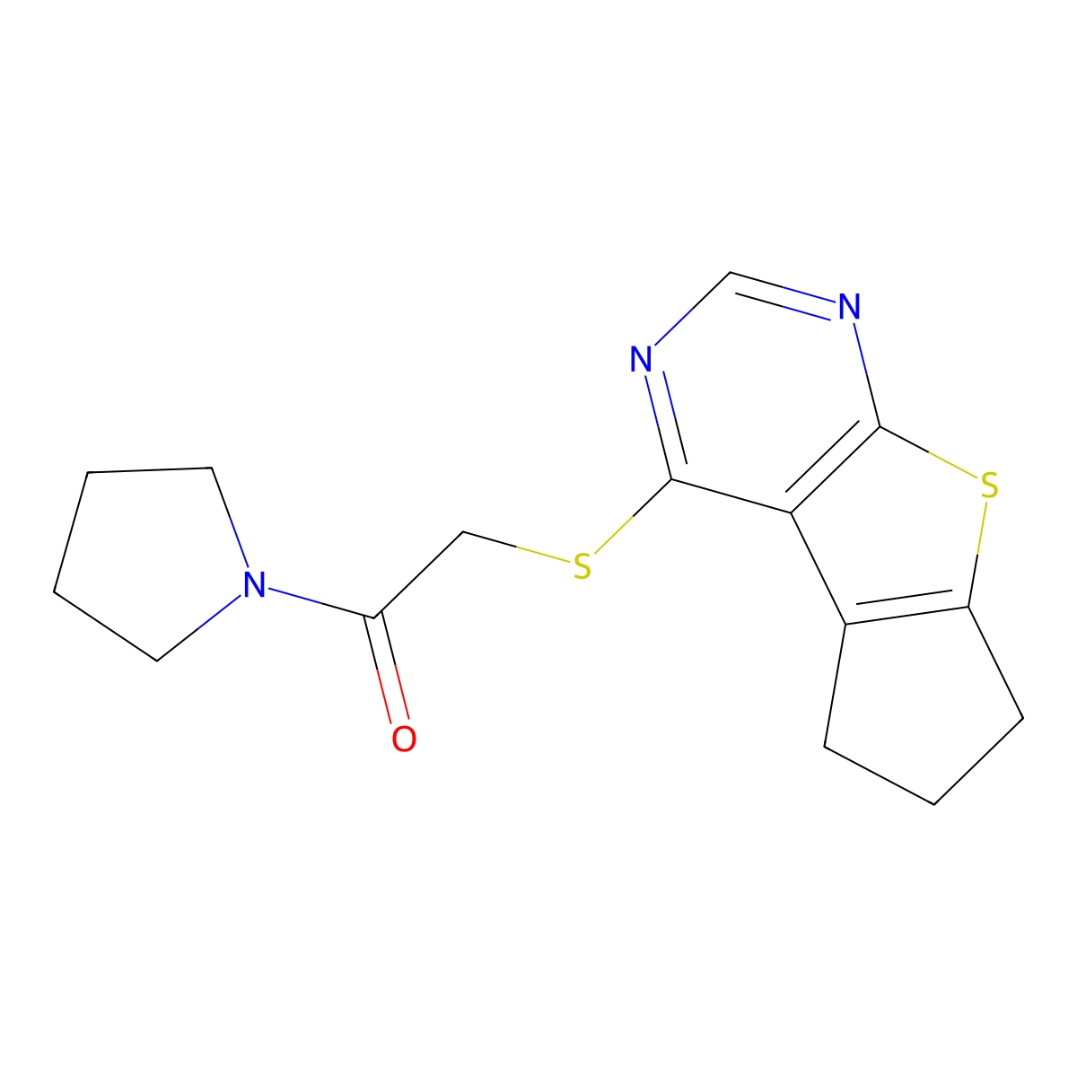 1-(Pyrrolidin-1-yl)-2-{7-thia-9,11-diazatricyclo[6.4.0.0^{2,6}]dodeca-1(12),2(6),8,10-tetraen-12-ylsulfanyl}ethan-1-one molecular structure, CAS 496022-46-9