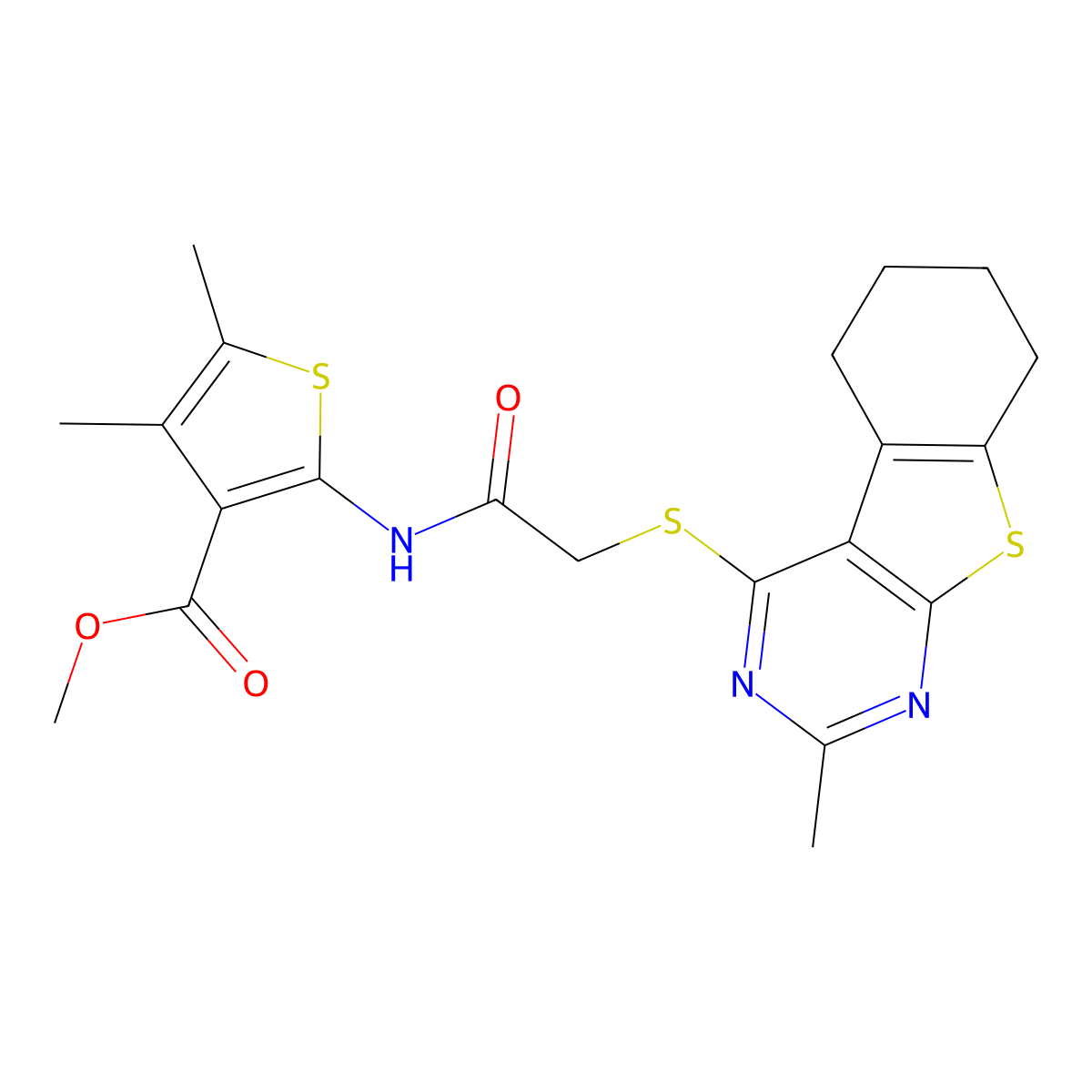 Methyl 4,5-dimethyl-2-({[(2-methyl-5,6,7,8-tetrahydro[1]benzothieno[2,3-d]pyrimidin-4-yl)sulfanyl]acetyl}amino)-3-thiophenecarboxylate molecular structure, CAS 496022-61-8