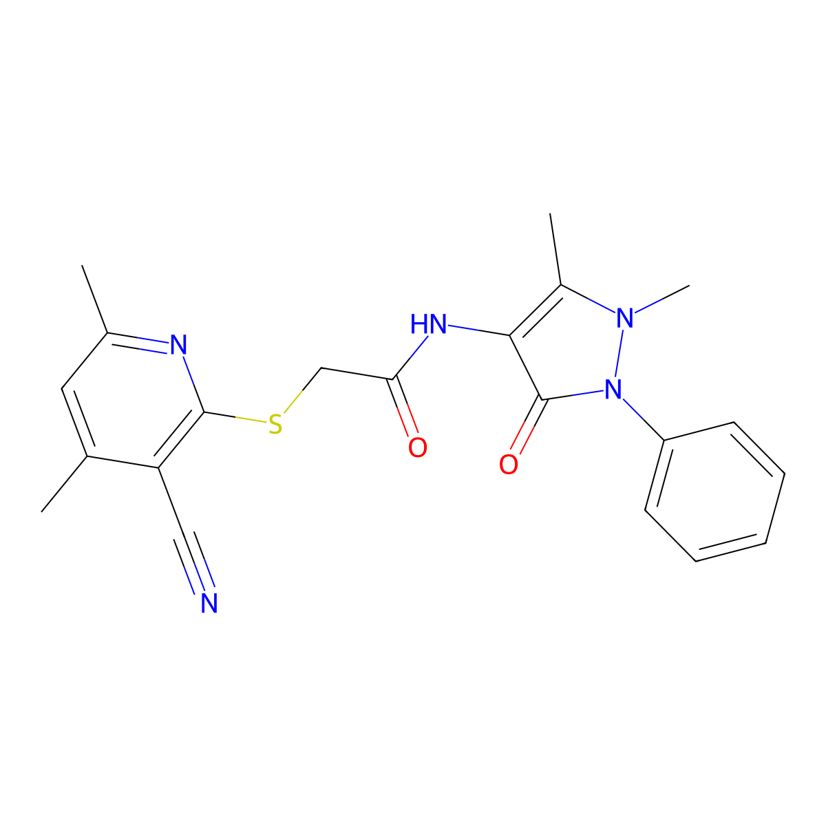 2-(3-cyano-4,6-dimethylpyridin-2-yl)sulfanyl-N-(1,5-dimethyl-3-oxo-2-phenylpyrazol-4-yl)acetamide molecular structure, CAS 496022-91-4