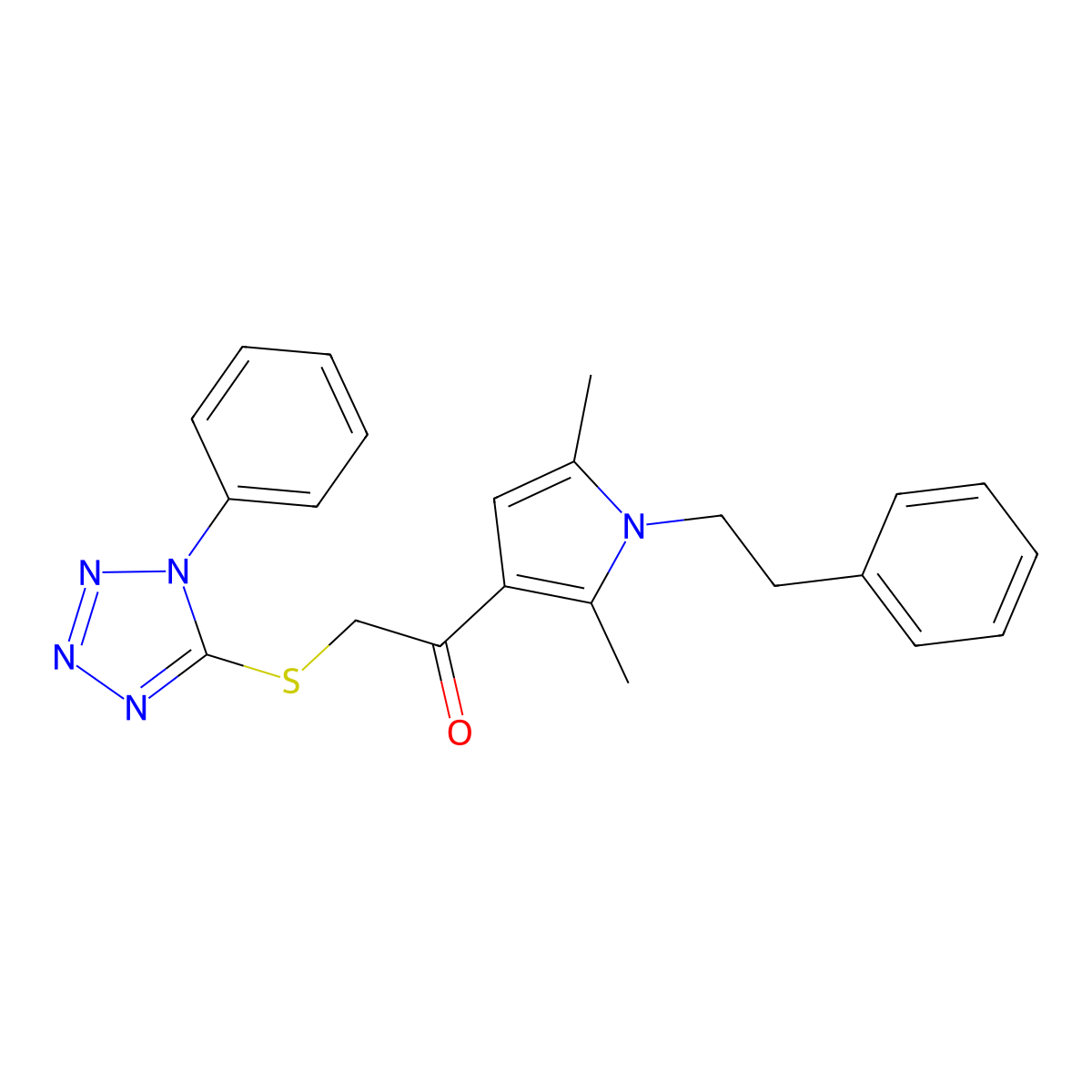 1-[2,5-dimethyl-1-(2-phenylethyl)-1H-pyrrol-3-yl]-2-[(1-phenyl-1H-tetrazol-5-yl)thio]ethanone molecular structure, CAS 496023-02-0