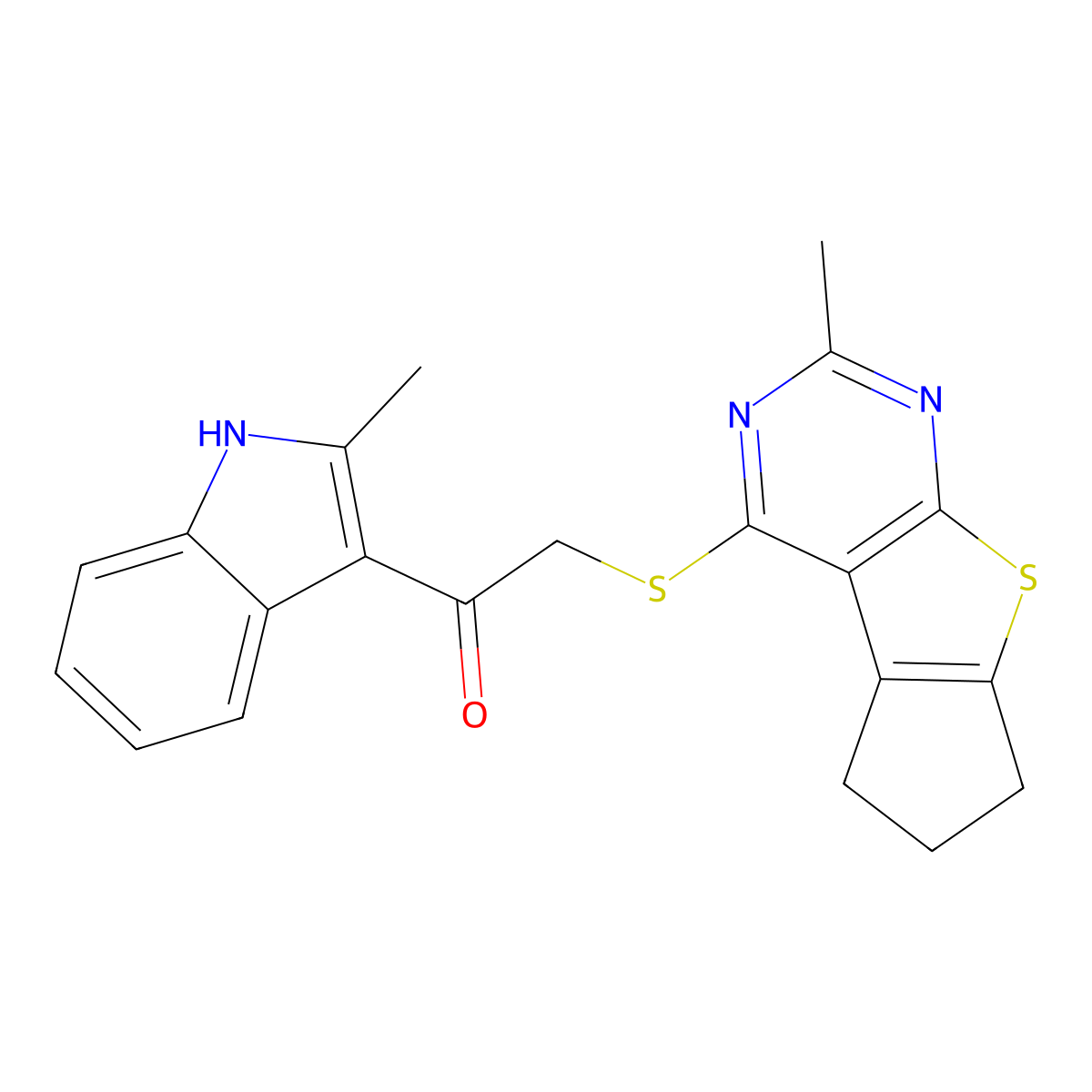 1-(2-methyl-1H-indol-3-yl)-2-({10-methyl-7-thia-9,11-diazatricyclo[6.4.0.0^{2,6}]dodeca-1(12),2(6),8,10-tetraen-12-yl}sulfanyl)ethan-1-one molecular structure, CAS 496023-06-4