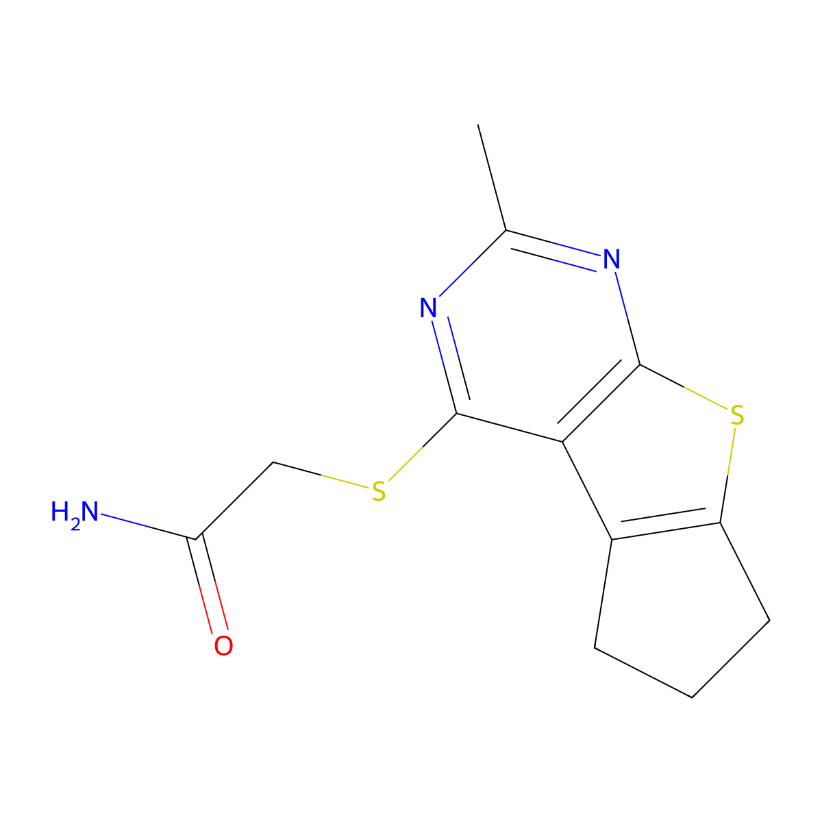 2-({10-Methyl-7-thia-9,11-diazatricyclo[6.4.0.0^{2,6}]dodeca-1(8),2(6),9,11-tetraen-12-yl}sulfanyl)acetamide molecular structure, CAS 496023-29-1