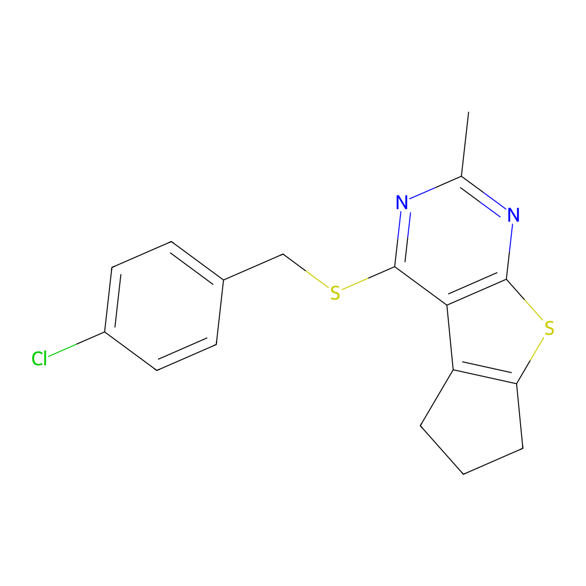 12-{[(4-Chlorophenyl)methyl]sulfanyl}-10-methyl-7-thia-9,11-diazatricyclo[6.4.0.0^{2,6}]dodeca-1(8),2(6),9,11-tetraene molecular structure, CAS 496023-32-6
