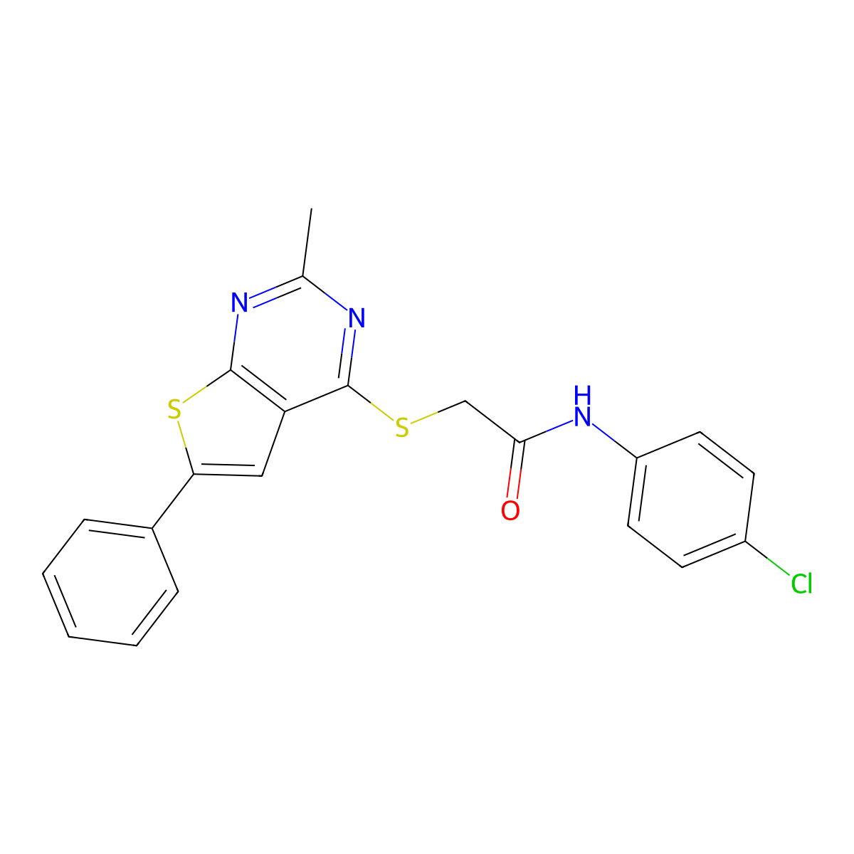 N-(4-chlorophenyl)-2-({2-methyl-6-phenylthieno[2,3-d]pyrimidin-4-yl}sulfanyl)acetamide molecular structure, CAS 496023-43-9