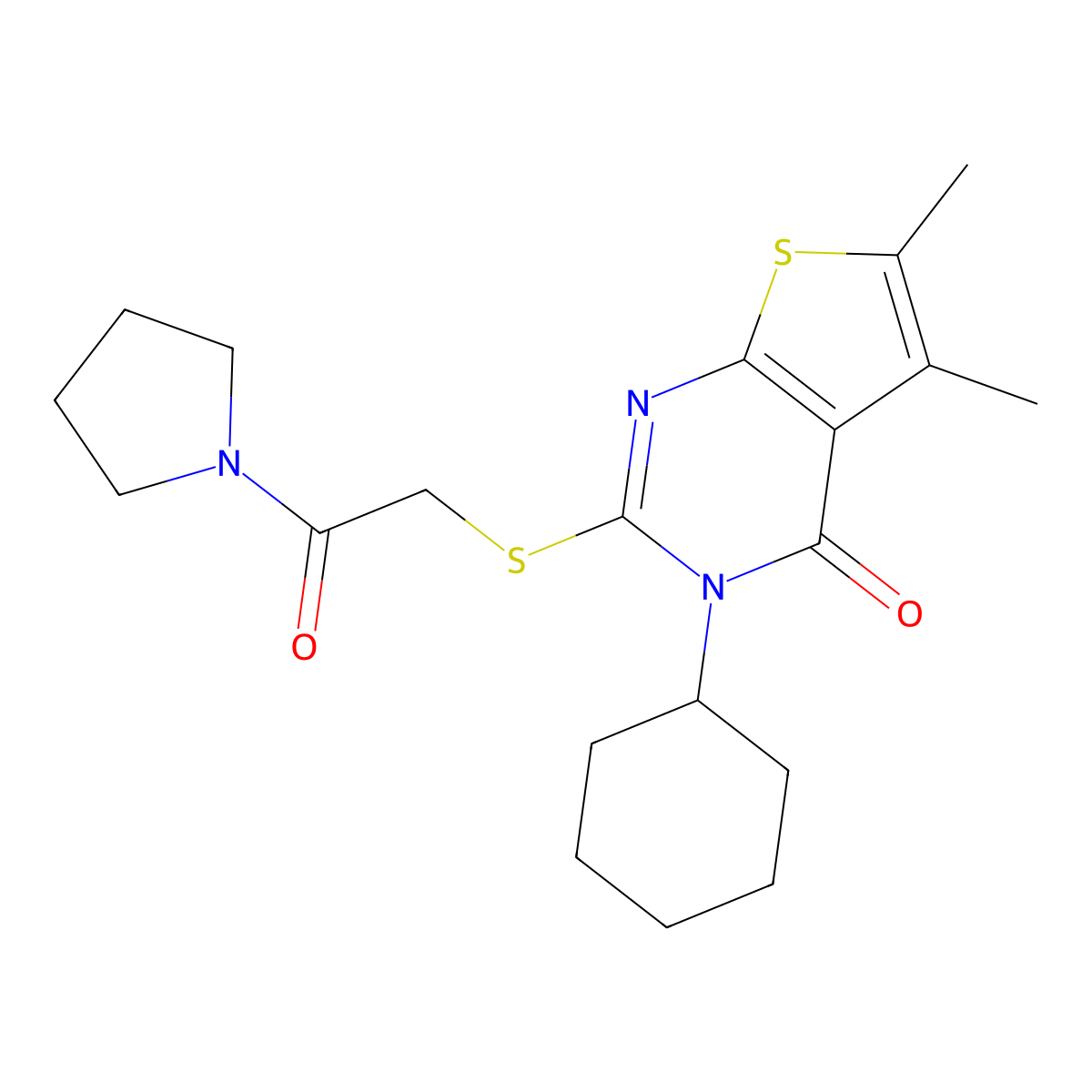 3-Cyclohexyl-5,6-dimethyl-2-(2-oxo-2-pyrrolidin-1-ylethyl)sulfanylthieno[2,3-d]pyrimidin-4-one molecular structure, CAS 496023-77-9