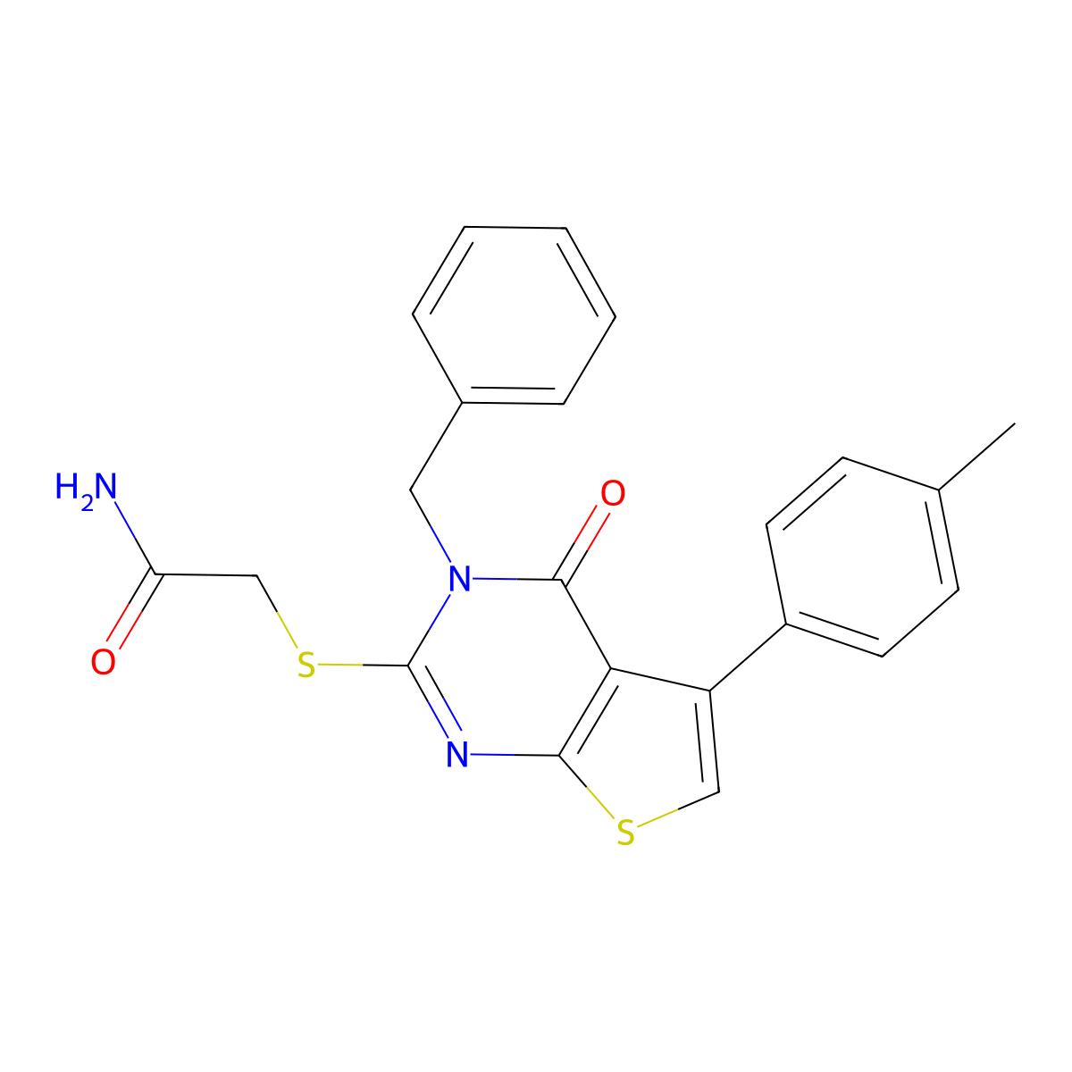 2-{[3-Benzyl-5-(4-methylphenyl)-4-oxo-3,4-dihydrothieno[2,3-d]pyrimidin-2-yl]sulfanyl}acetamide molecular structure, CAS 496023-79-1