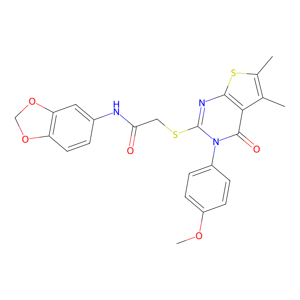 N-(2H-1,3-benzodioxol-5-yl)-2-{[3-(4-methoxyphenyl)-5,6-dimethyl-4-oxo-3H,4H-thieno[2,3-d]pyrimidin-2-yl]sulfanyl}acetamide molecular structure, CAS 496023-81-5