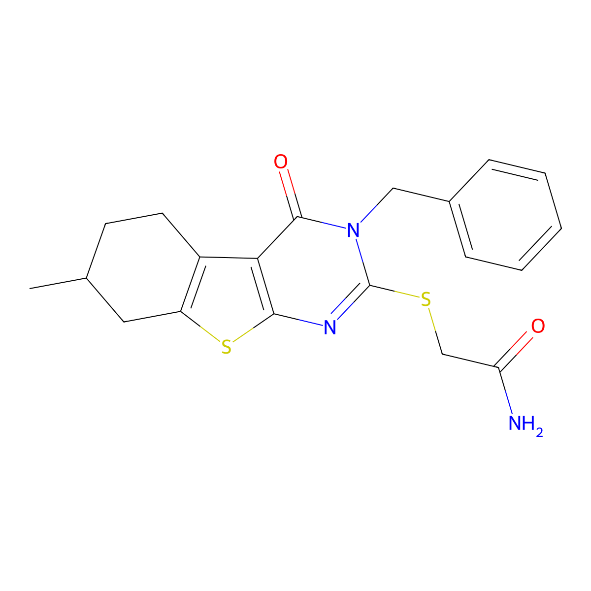 2-[(3-Benzyl-7-methyl-4-oxo-3,4,5,6,7,8-hexahydro[1]benzothieno[2,3-d]pyrimidin-2-yl)sulfanyl]acetamide molecular structure, CAS 496024-02-3