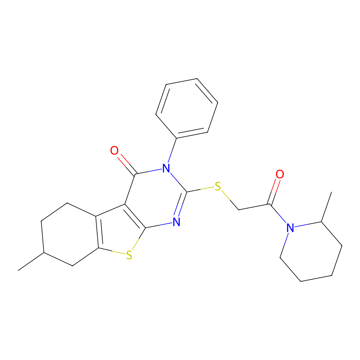 7-Methyl-2-[2-(2-methylpiperidin-1-yl)-2-oxoethyl]sulfanyl-3-phenyl-5,6,7,8-tetrahydro-[1]benzothiolo[2,3-d]pyrimidin-4-one molecular structure, CAS 496024-16-9