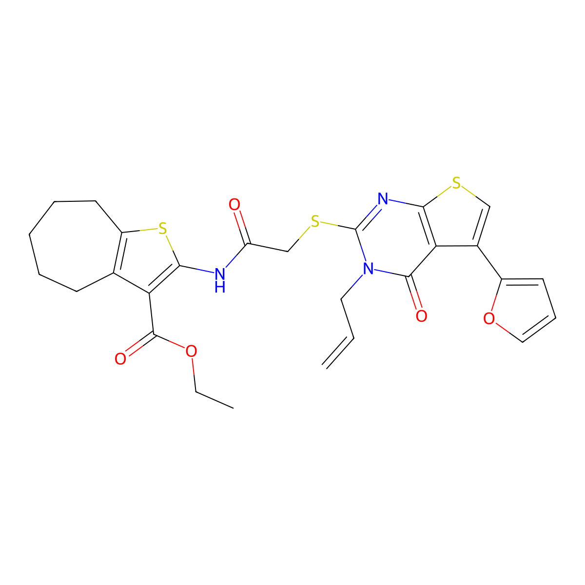 ethyl 2-(2-((3-allyl-5-(furan-2-yl)-4-oxo-3,4-dihydrothieno[2,3-d]pyrimidin-2-yl)thio)acetamido)-5,6,7,8-tetrahydro-4H-cyclohepta[b]thiophene-3-carboxylate molecular structure, CAS 496024-17-0