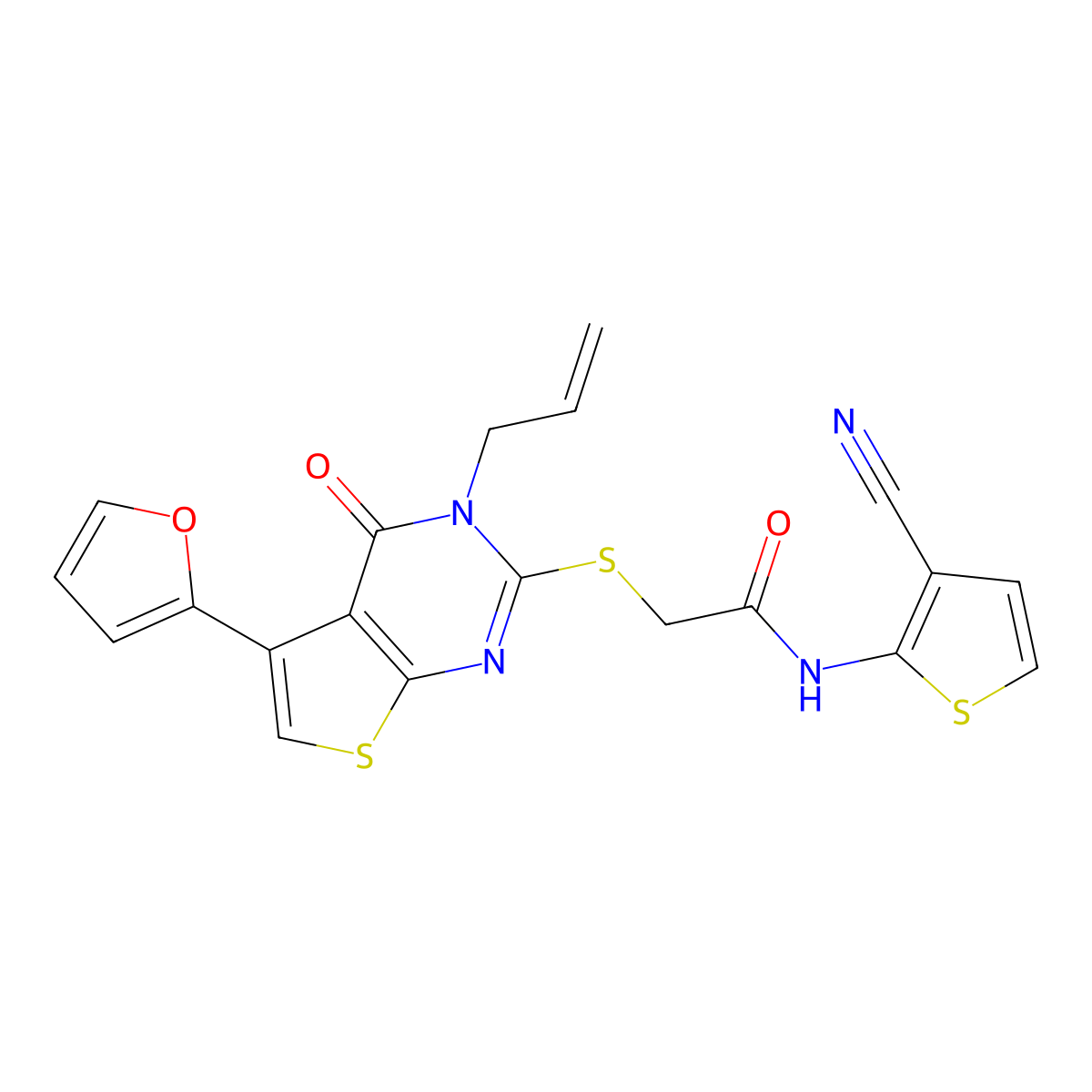 N-(3-cyanothiophen-2-yl)-2-[5-(furan-2-yl)-4-oxo-3-prop-2-enylthieno[2,3-d]pyrimidin-2-yl]sulfanylacetamide molecular structure, CAS 496024-18-1