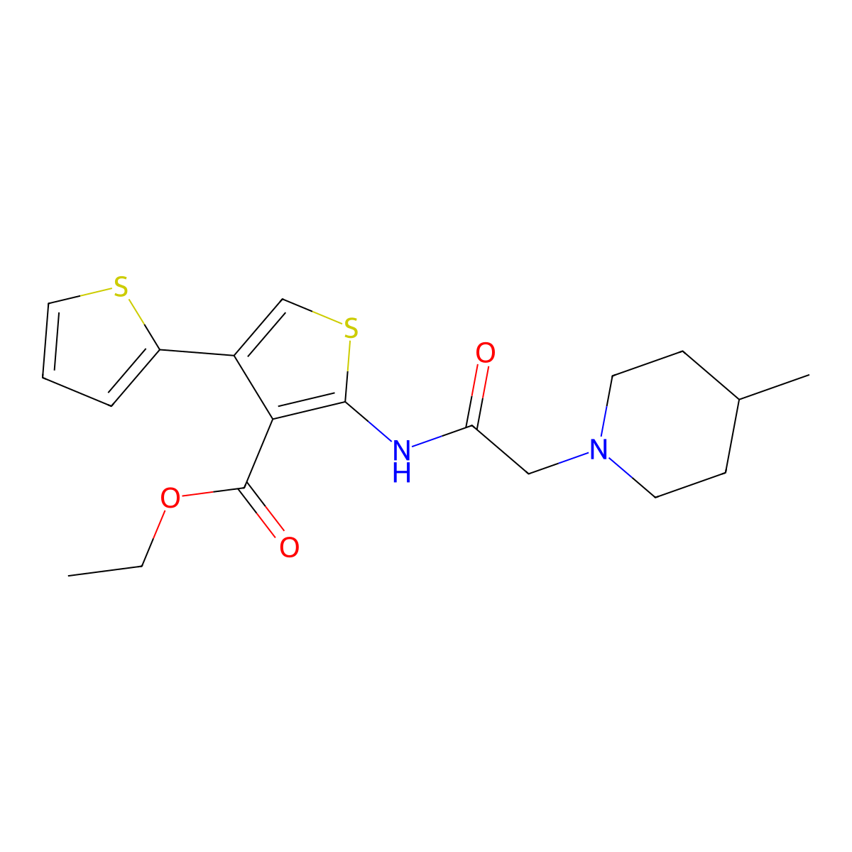 Ethyl 2-[[2-(4-methylpiperidin-1-yl)acetyl]amino]-4-thiophen-2-ylthiophene-3-carboxylate molecular structure, CAS 496024-27-2