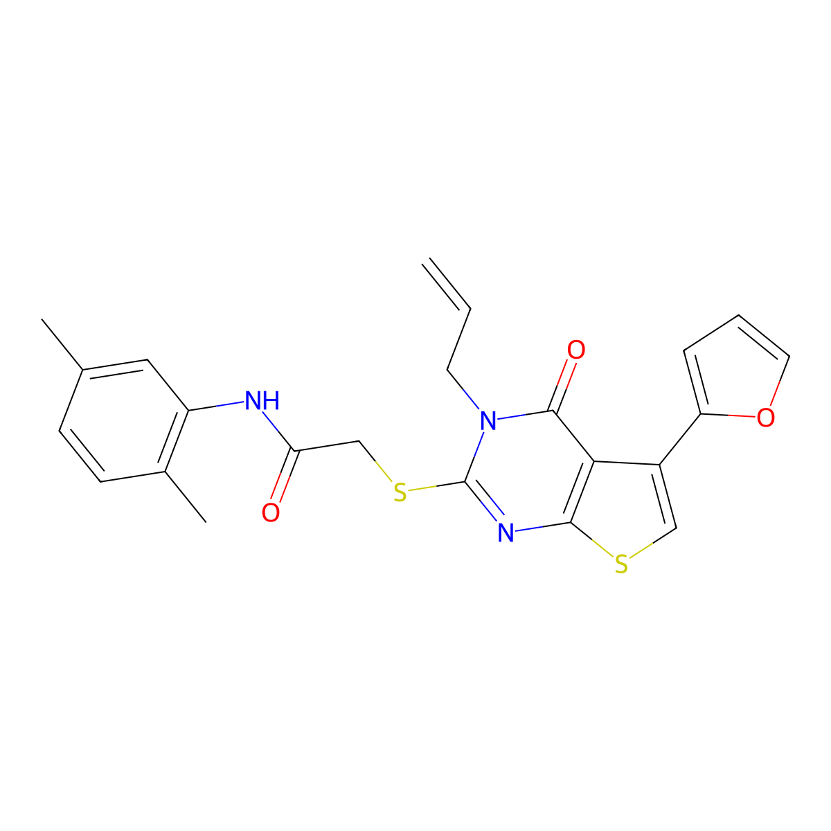 2-{[3-allyl-5-(2-furyl)-4-oxo-3,4-dihydrothieno[2,3-d]pyrimidin-2-yl]sulfanyl}-N-(2,5-dimethylphenyl)acetamide molecular structure, CAS 496024-30-7