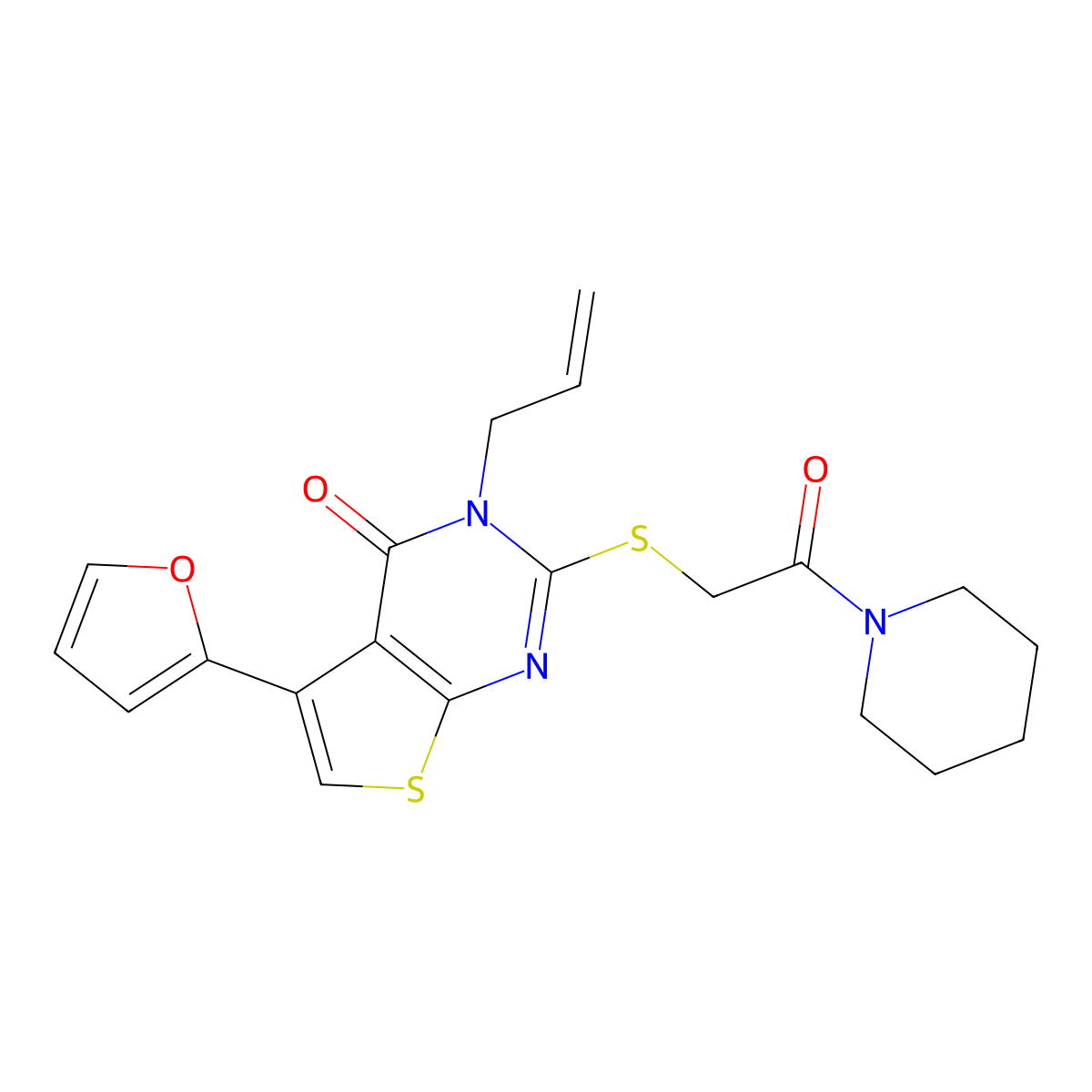 5-(furan-2-yl)-2-{[2-oxo-2-(piperidin-1-yl)ethyl]sulfanyl}-3-(prop-2-en-1-yl)thieno[2,3-d]pyrimidin-4(3H)-one molecular structure, CAS 496024-33-0