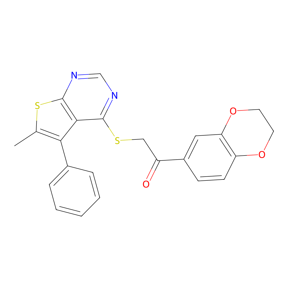 1-(2,3-Dihydro-1,4-benzodioxin-6-yl)-2-[(6-methyl-5-phenylthieno[2,3-d]pyrimidin-4-yl)thio]ethanone molecular structure, CAS 496024-94-3