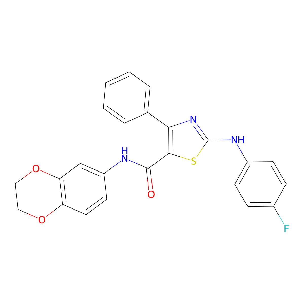 N-(2,3-dihydrobenzo[b][1,4]dioxin-6-yl)-2-((4-fluorophenyl)amino)-4-phenylthiazole-5-carboxamide molecular structure, CAS 496025-06-0