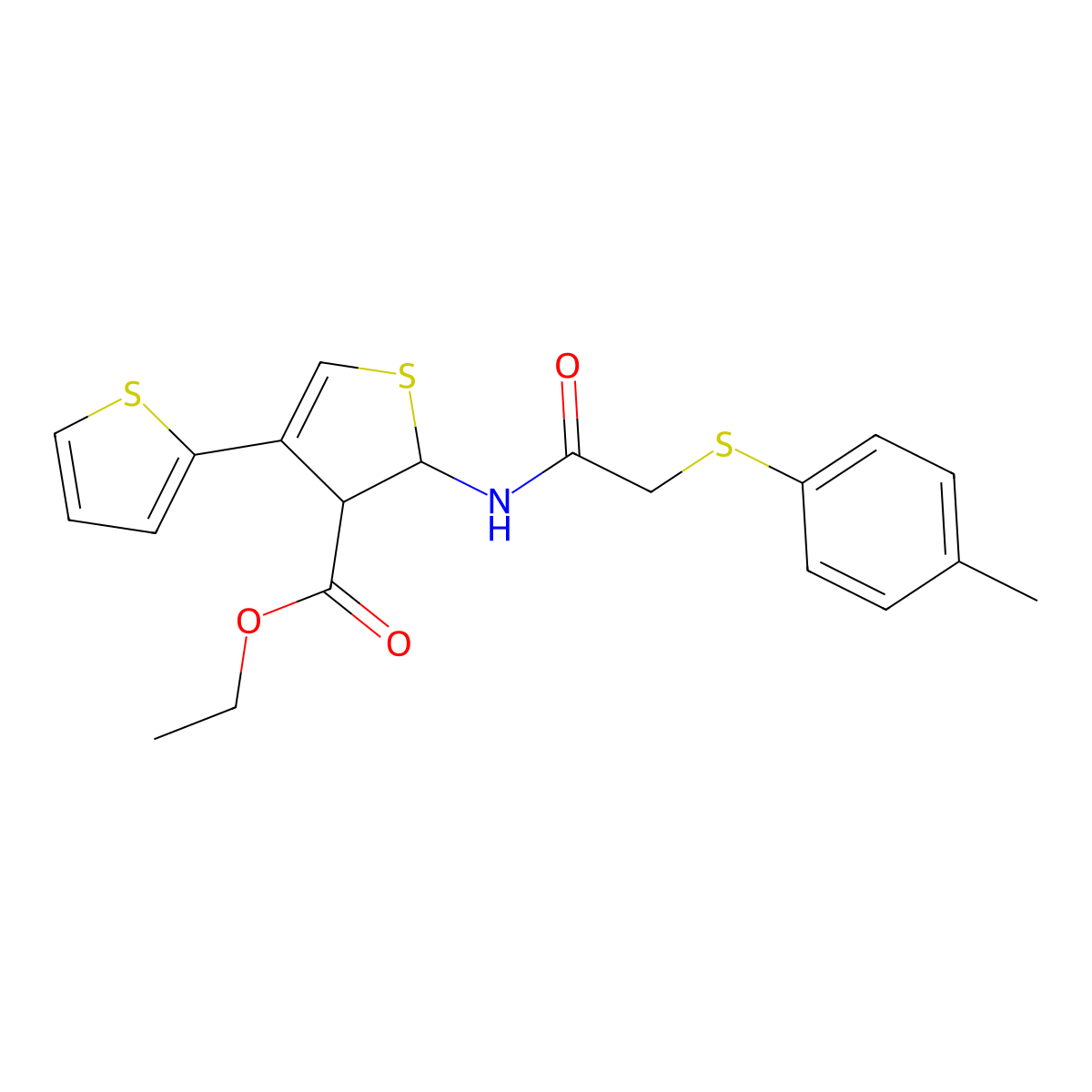 Ethyl 2-[2-(4-methylphenylthio)acetylamino]-4-(2-thienyl)-2,3-dihydrothiophene-3-carboxylate molecular structure, CAS 496025-09-3