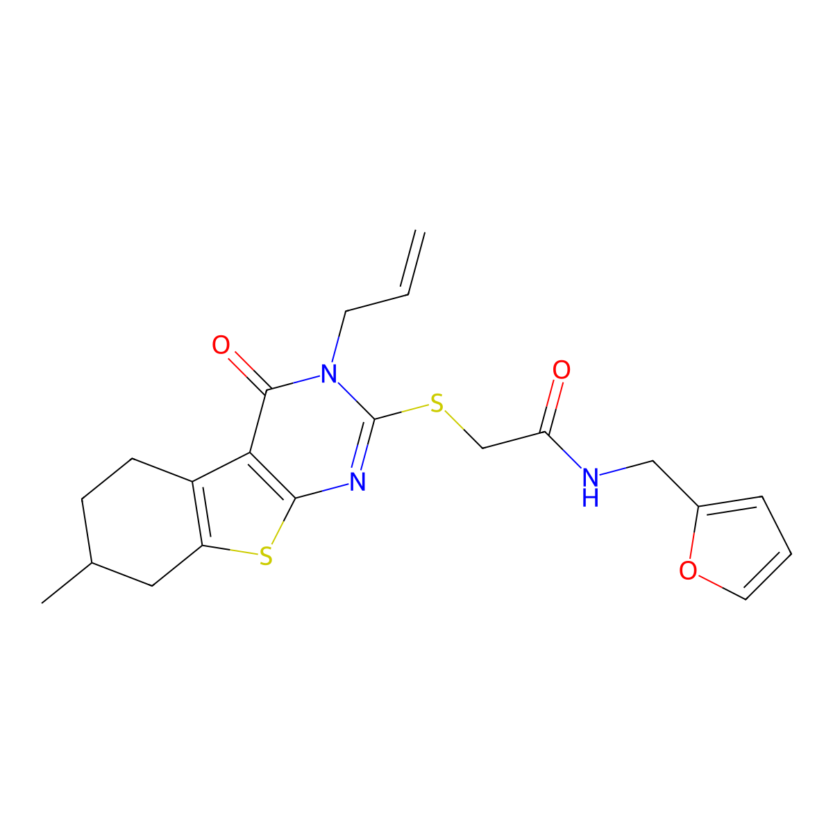 N-[(furan-2-yl)methyl]-2-{[11-methyl-3-oxo-4-(prop-2-en-1-yl)-8-thia-4,6-diazatricyclo[7.4.0.0^{2,7}]trideca-1(9),2(7),5-trien-5-yl]sulfanyl}acetamide molecular structure, CAS 496025-26-4