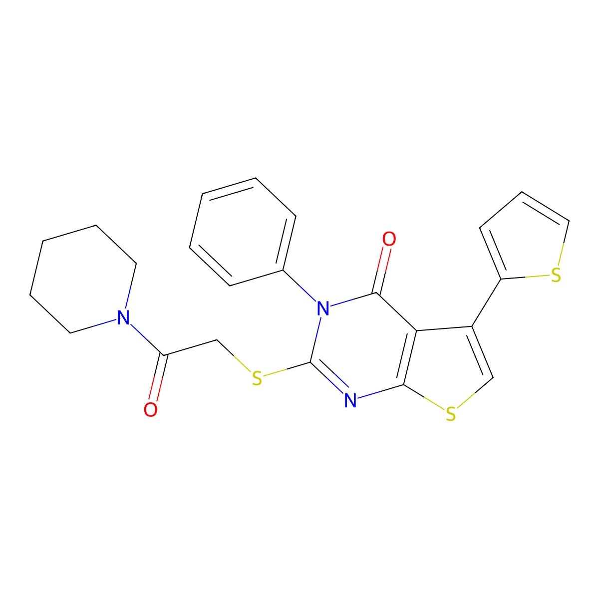 2-{[2-oxo-2-(piperidin-1-yl)ethyl]sulfanyl}-3-phenyl-5-(thiophen-2-yl)thieno[2,3-d]pyrimidin-4(3H)-one molecular structure, CAS 496025-31-1