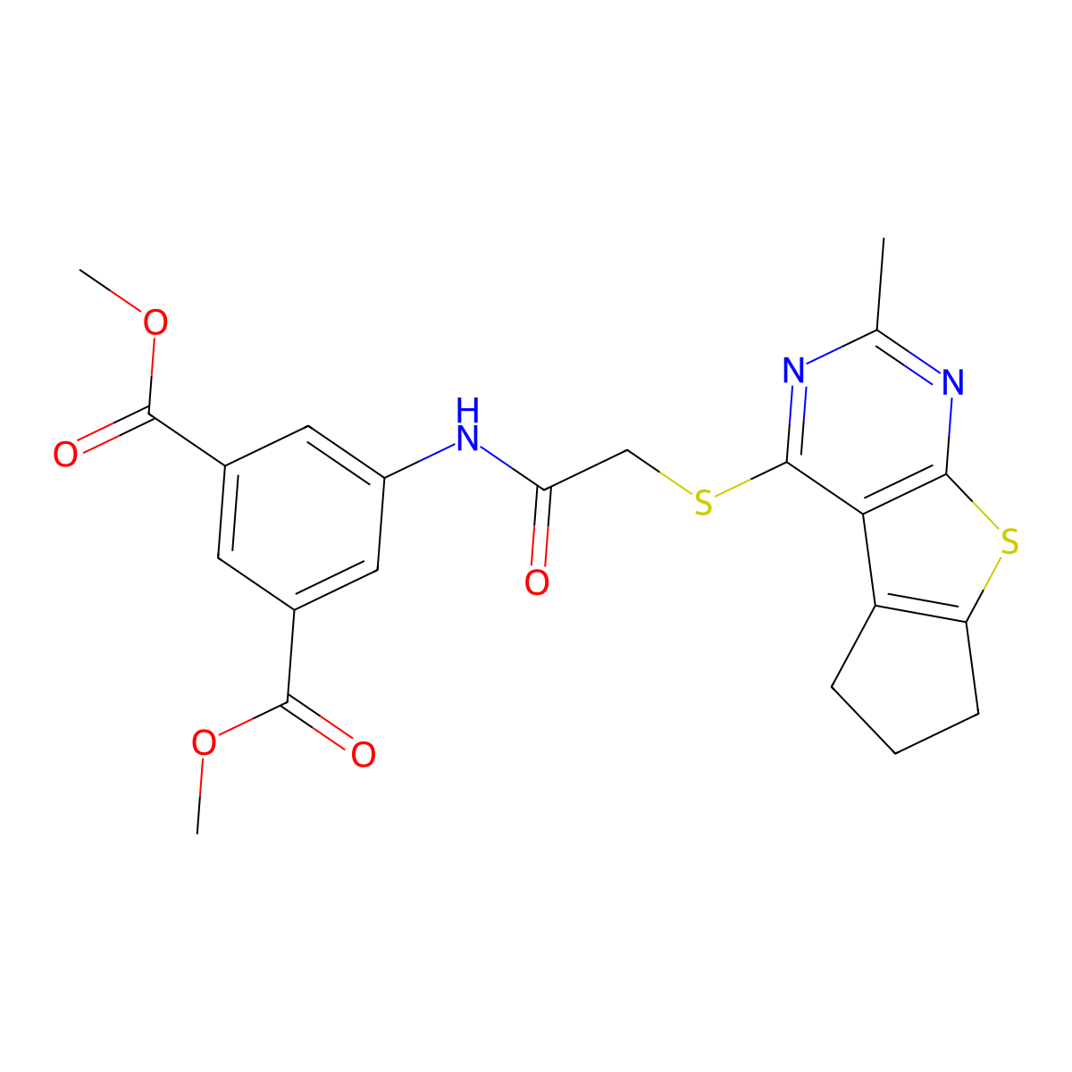 1,3-Dimethyl 5-[2-({10-methyl-7-thia-9,11-diazatricyclo[6.4.0.0^{2,6}]dodeca-1(12),2(6),8,10-tetraen-12-yl}sulfanyl)acetamido]benzene-1,3-dicarboxylate molecular structure, CAS 496025-39-9
