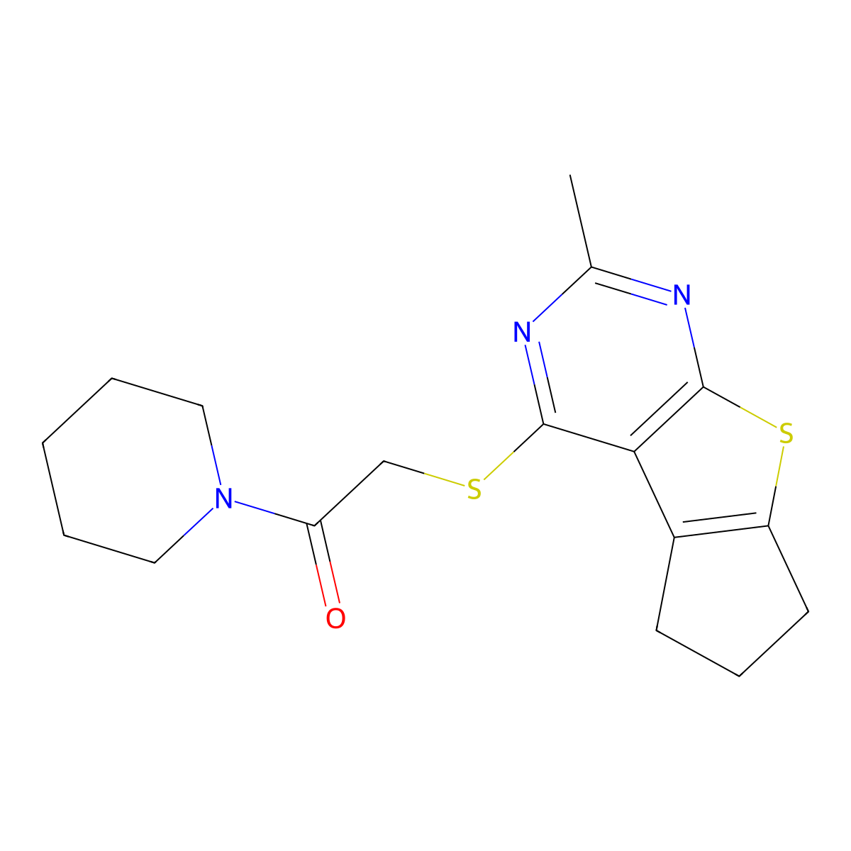 2-({10-Methyl-7-thia-9,11-diazatricyclo[6.4.0.0^{2,6}]dodeca-1(8),2(6),9,11-tetraen-12-yl}sulfanyl)-1-(piperidin-1-yl)ethan-1-one molecular structure, CAS 496025-45-7