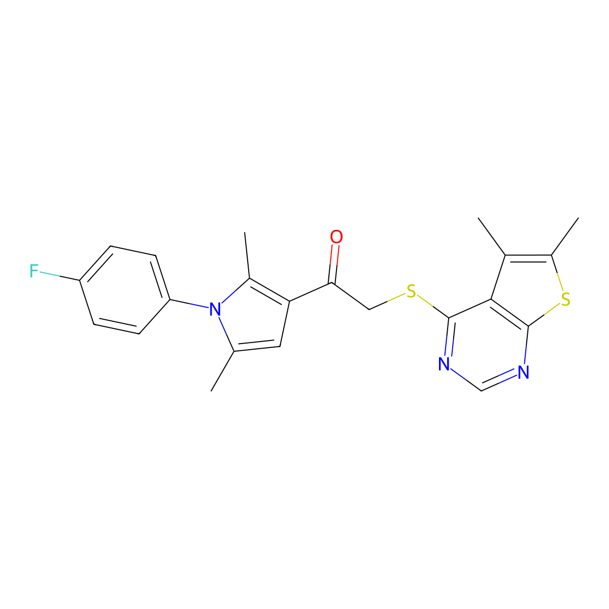 2-[(5,6-dimethylthieno[2,3-d]pyrimidin-4-yl)sulfanyl]-1-[1-(4-fluorophenyl)-2,5-dimethyl-1H-pyrrol-3-yl]ethanone molecular structure, CAS 496025-48-0