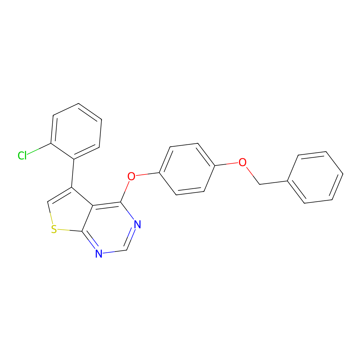 5-(2-Chlorophenyl)-4-(4-phenylmethoxyphenoxy)thieno[2,3-d]pyrimidine molecular structure, CAS 496025-55-9