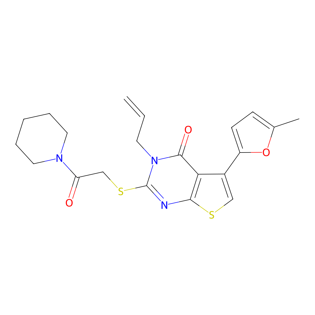 5-(5-methylfuran-2-yl)-2-{[2-oxo-2-(piperidin-1-yl)ethyl]sulfanyl}-3-(prop-2-en-1-yl)thieno[2,3-d]pyrimidin-4(3H)-one molecular structure, CAS 496025-75-3