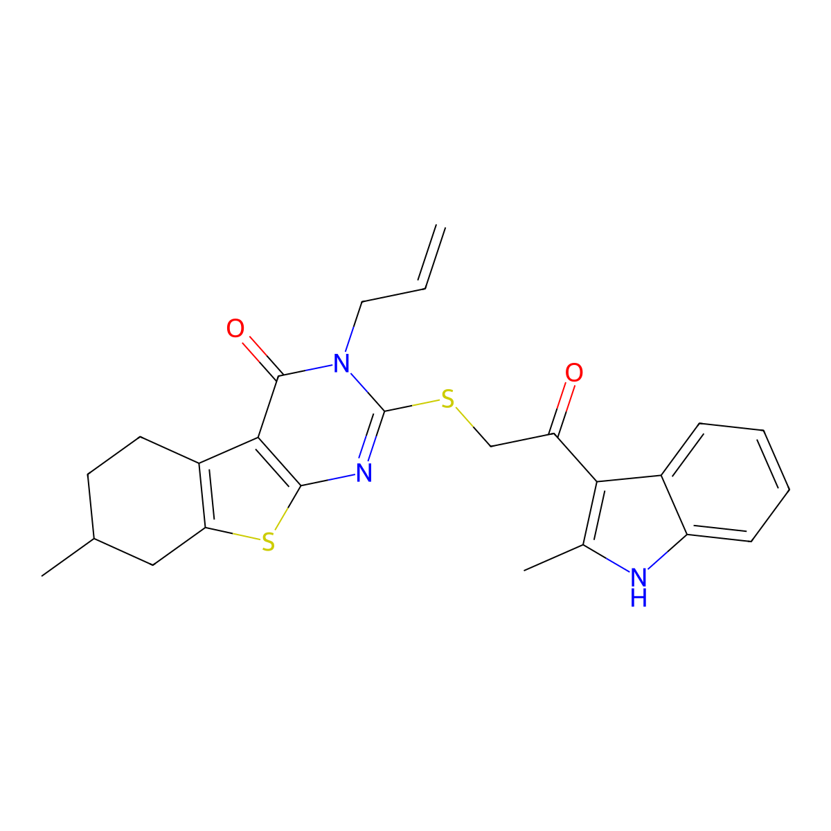 7-methyl-2-{[2-(2-methyl-1H-indol-3-yl)-2-oxoethyl]sulfanyl}-3-(prop-2-en-1-yl)-5,6,7,8-tetrahydro[1]benzothieno[2,3-d]pyrimidin-4(3H)-one molecular structure, CAS 496025-81-1