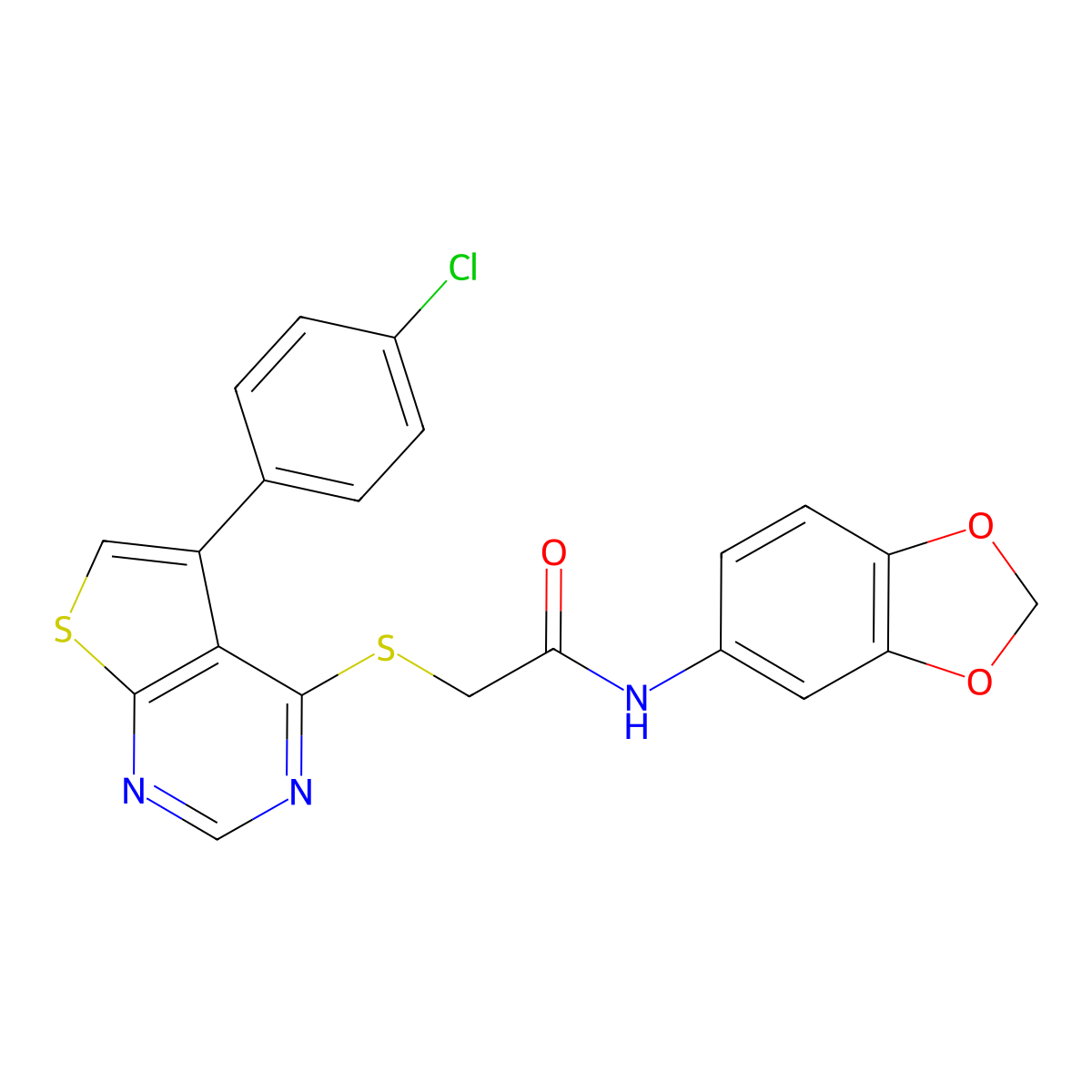 N-(benzo[d][1,3]dioxol-5-yl)-2-((5-(4-chlorophenyl)thieno[2,3-d]pyrimidin-4-yl)thio)acetamide molecular structure, CAS 496025-86-6