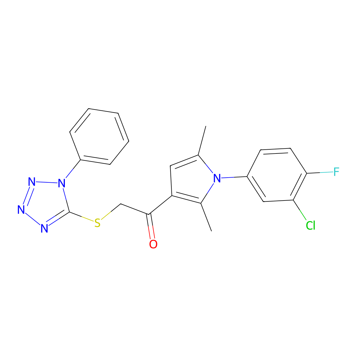 1-[1-(3-chloro-4-fluorophenyl)-2,5-dimethyl-1H-pyrrol-3-yl]-2-[(1-phenyl-1H-tetrazol-5-yl)sulfanyl]ethanone molecular structure, CAS 496025-88-8