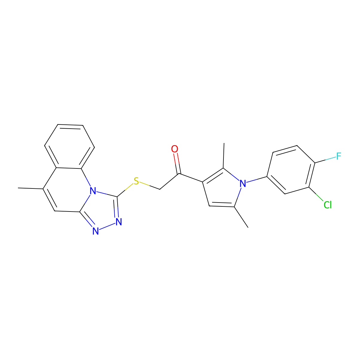 1-[1-(3-Chloro-4-fluorophenyl)-2,5-dimethylpyrrol-3-yl]-2-[(5-methyl-[1,2,4]triazolo[4,3-a]quinolin-1-yl)sulfanyl]ethanone molecular structure, CAS 496025-93-5