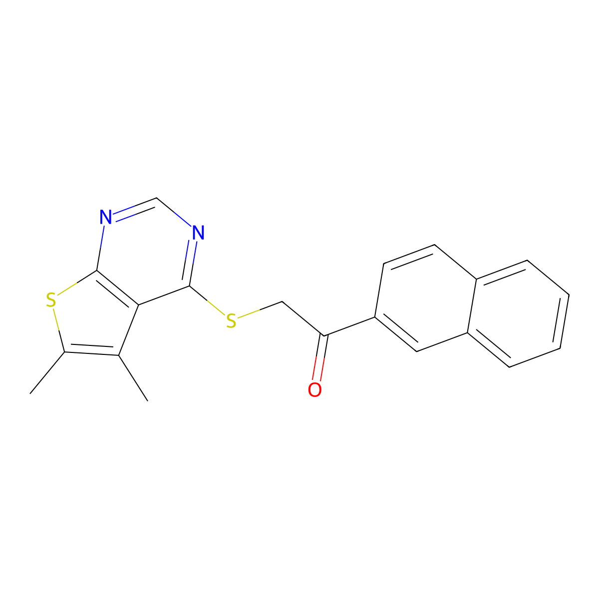 2-(5,6-Dimethylthieno[2,3-d]pyrimidin-4-yl)sulfanyl-1-naphthalen-2-ylethanone molecular structure, CAS 496026-01-8