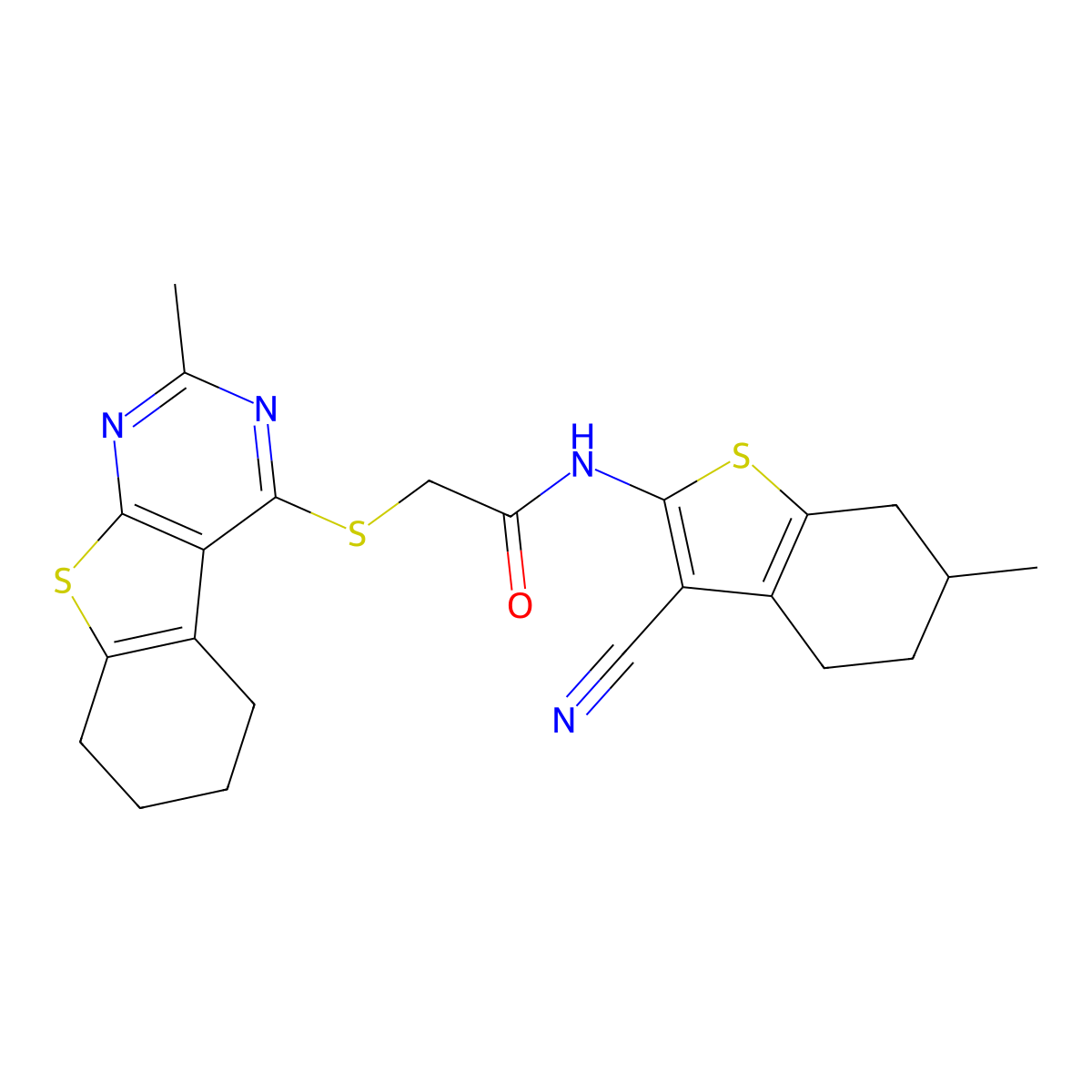N-(3-cyano-6-methyl-4,5,6,7-tetrahydro-1-benzothiophen-2-yl)-2-[(2-methyl-5,6,7,8-tetrahydro-[1]benzothiolo[2,3-d]pyrimidin-4-yl)sulfanyl]acetamide molecular structure, CAS 496026-03-0