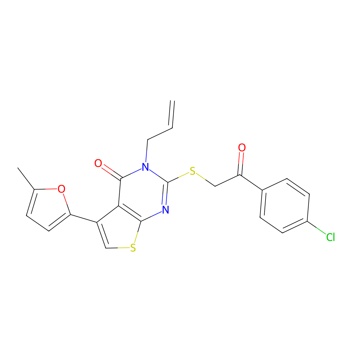 3-allyl-2-((2-(4-chlorophenyl)-2-oxoethyl)thio)-5-(5-methylfuran-2-yl)thieno[2,3-d]pyrimidin-4(3H)-one molecular structure, CAS 496026-09-6