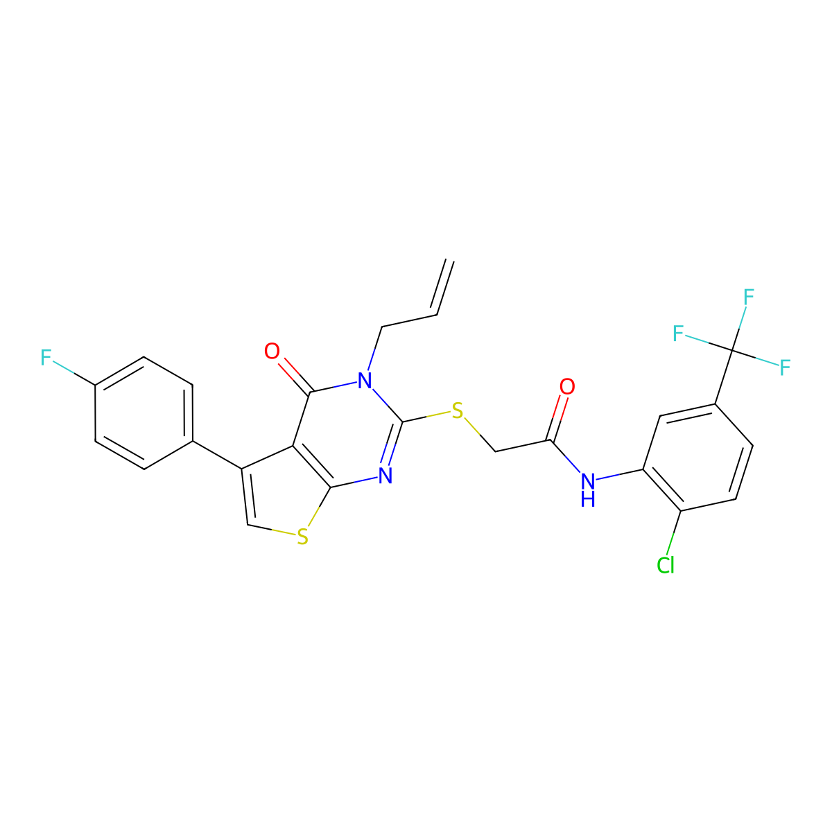N-[2-chloro-5-(trifluoromethyl)phenyl]-2-[5-(4-fluorophenyl)-4-oxo-3-prop-2-enylthieno[2,3-d]pyrimidin-2-yl]sulfanylacetamide molecular structure, CAS 496026-23-4
