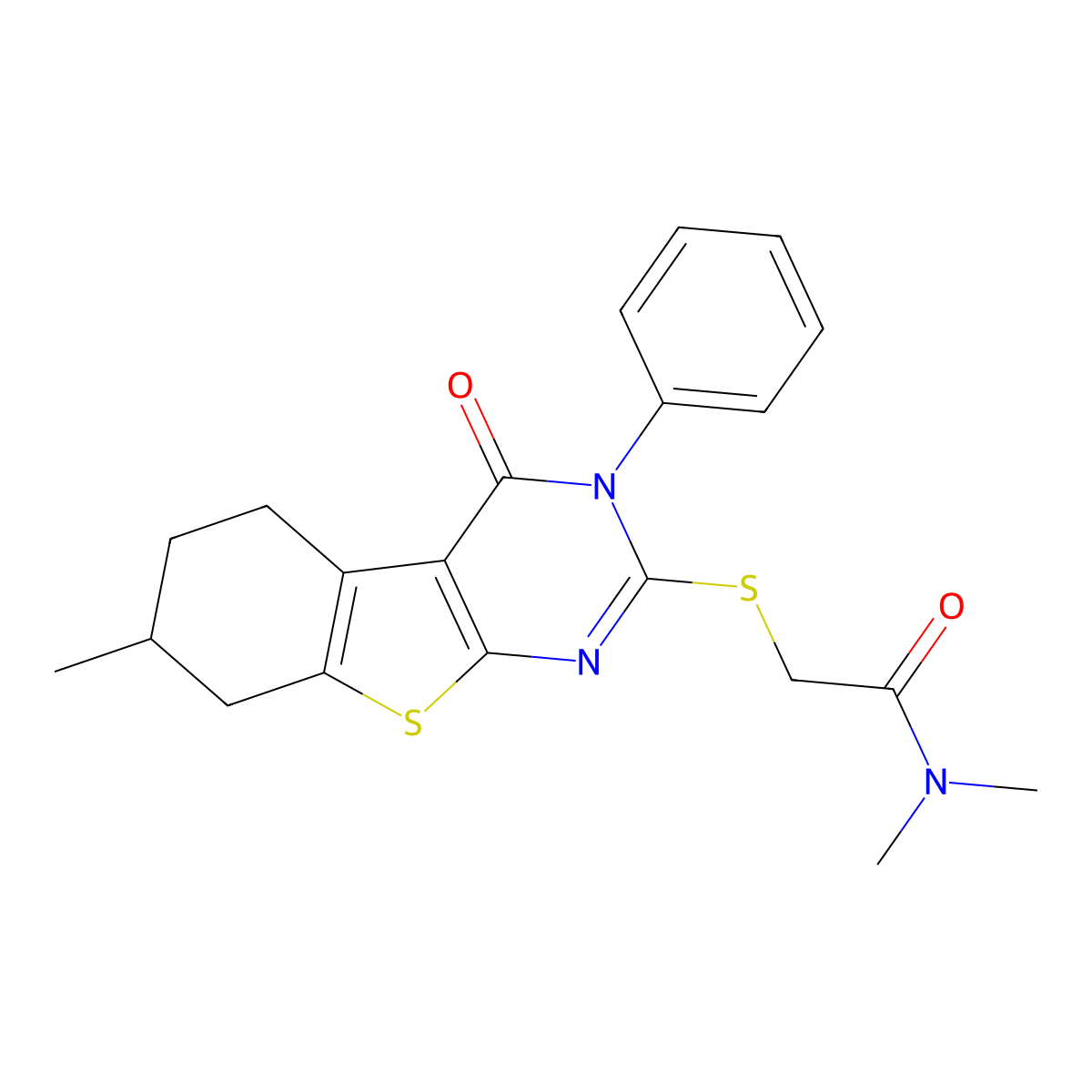 N,N-dimethyl-2-[(7-methyl-4-oxo-3-phenyl-3,4,5,6,7,8-hexahydro[1]benzothieno[2,3-d]pyrimidin-2-yl)sulfanyl]acetamide molecular structure, CAS 496026-26-7