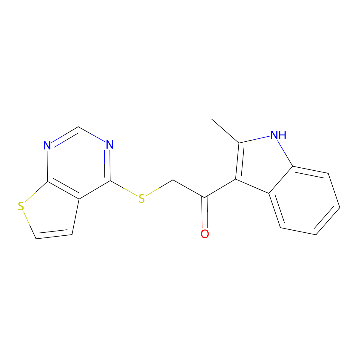 1-(2-methyl-1H-indol-3-yl)-2-(thieno[2,3-d]pyrimidin-4-ylsulfanyl)ethanone molecular structure, CAS 496026-28-9